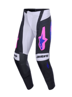 Alpinestars 2026 Techstar Knif Pants, Motocross Pants, Black and Light Gray with Purple and vibrant Pink accents, featuring bold 'astars' branding on the knees, star logos on the thighs, and an ergonomic racing cut for performance off-road riding.