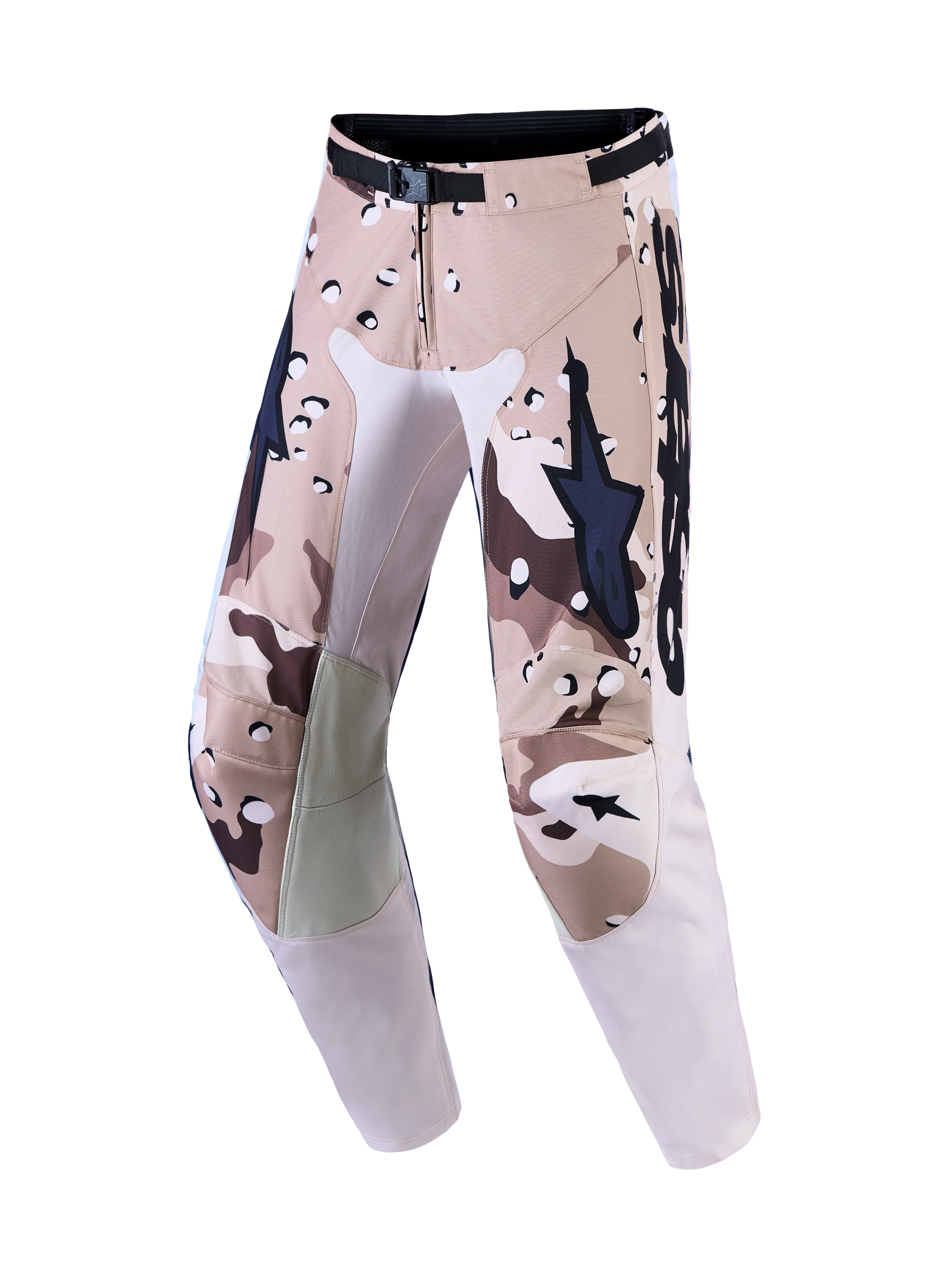 Alpinestars Racer Lone, pantalones de motocross para hombre, camuflaje desierto y negro, rodillas de cuero y cierre magnético.