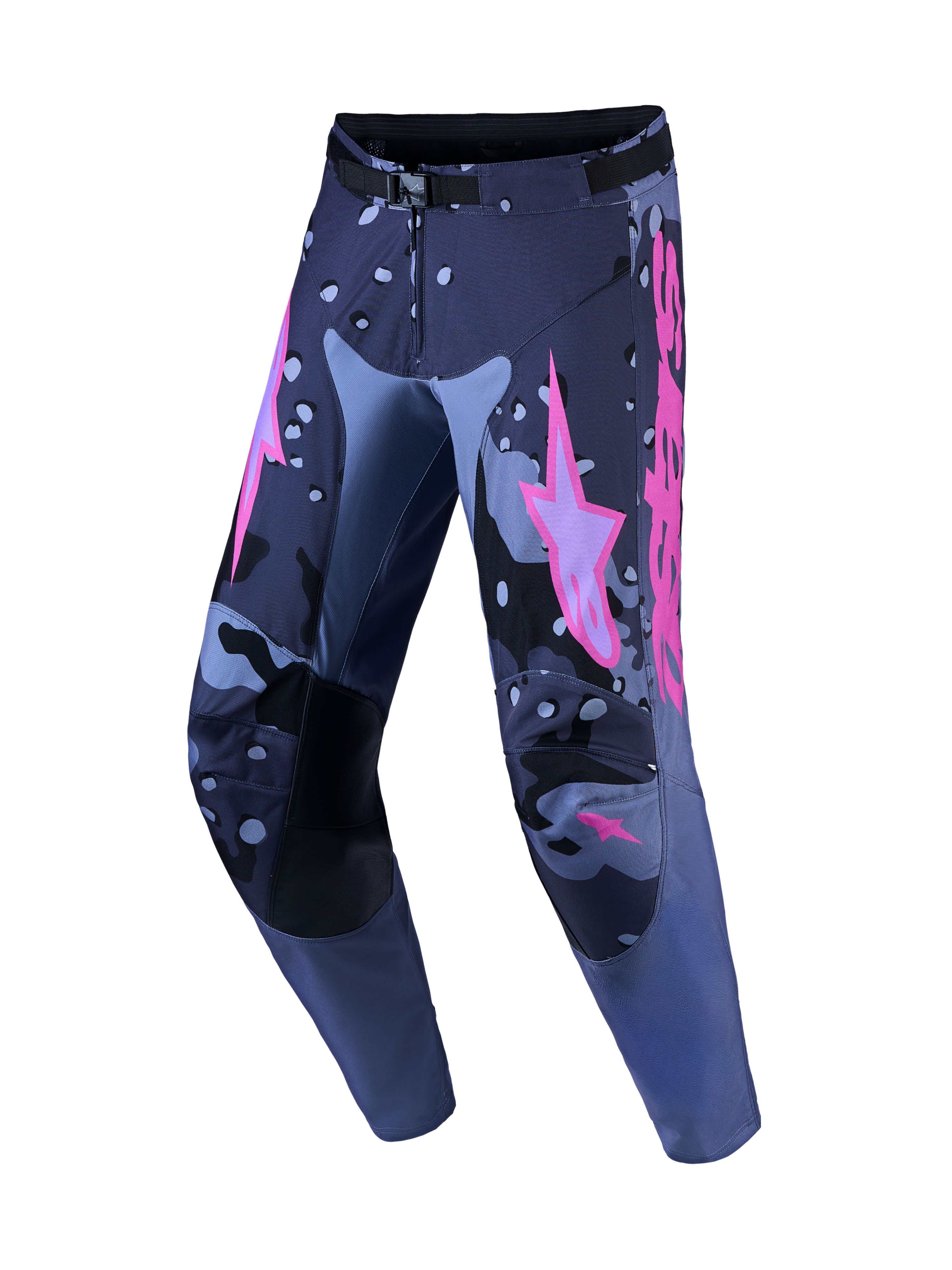 Alpinestars Racer Lone, pantalones de motocross para hombre, grises camo y morados, piernas precurvadas de politejido 600D