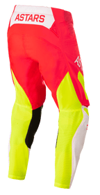 Alpinestars Techstar Factory Pants, Motocross Pants, Red Fluo White and Yellow Fluo, rear view featuring ASTARS branding on the waistband and vibrant yellow mesh panels on the legs.