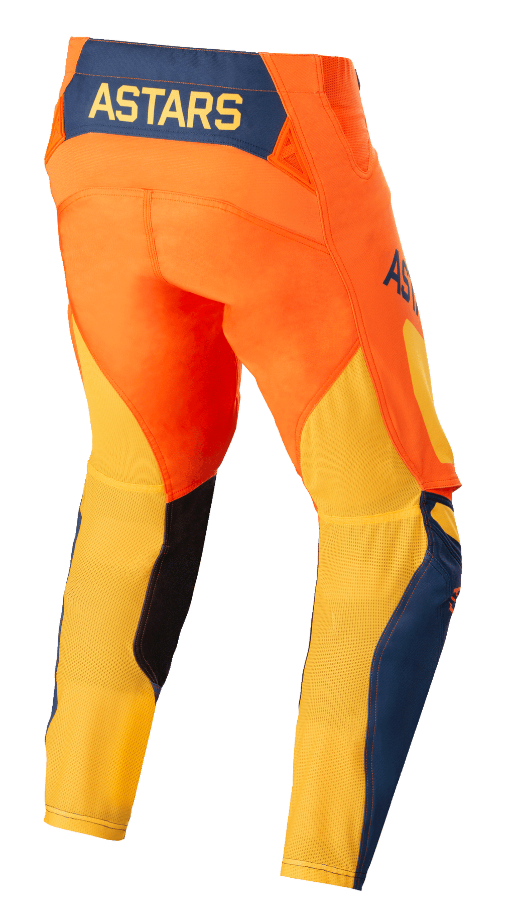Alpinestars Techstar Factory Pants, pantalones de motocross, naranja, azul oscuro y amarillo cálido, vista trasera que muestra el logotipo ASTARS amarillo en un panel posterior azul oscuro, chasis naranja vibrante con malla amarilla transpirable en la parte inferior de las piernas y detalles azules