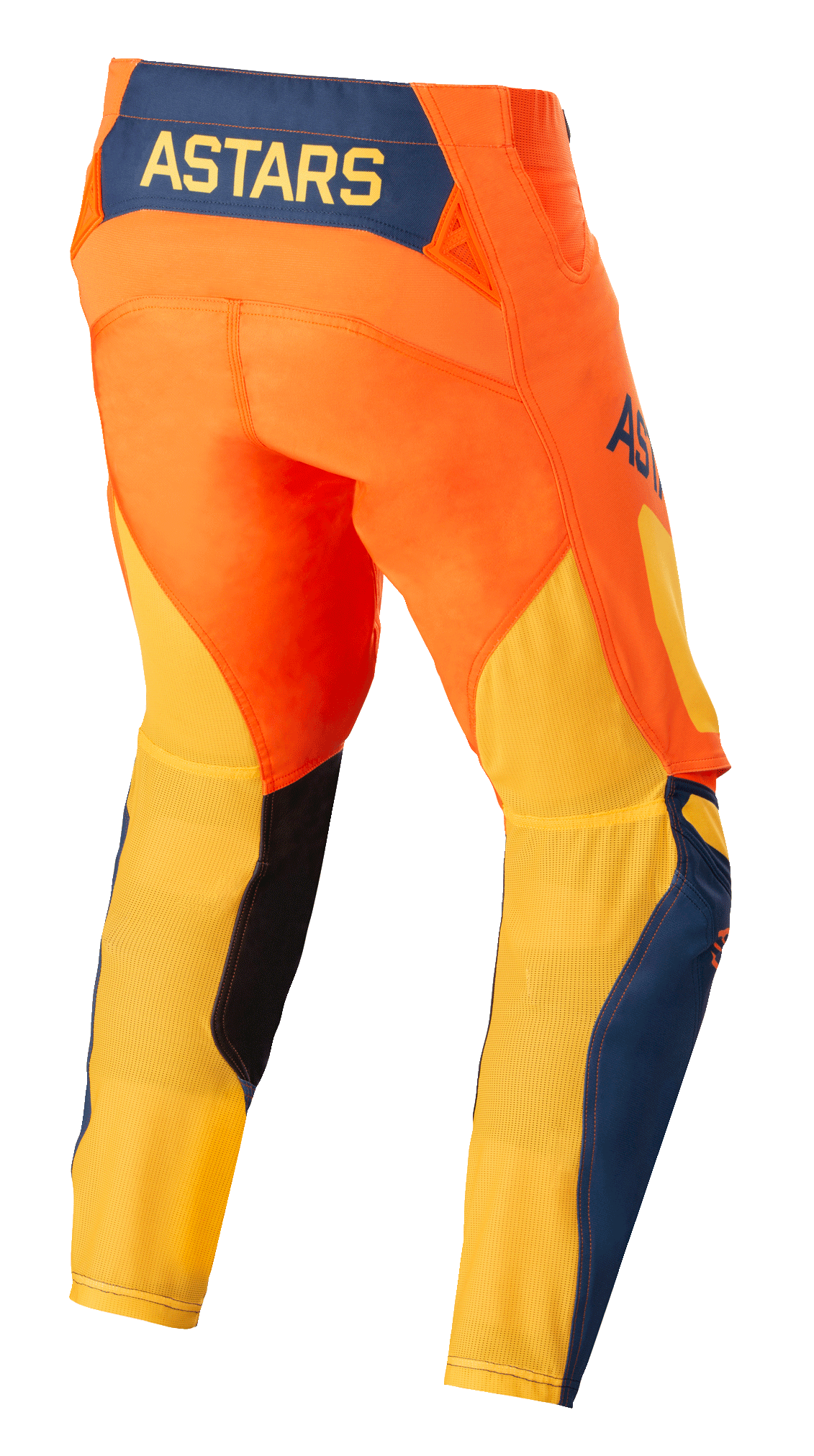 Alpinestars Techstar Factory Pants, pantalones de motocross, naranja, azul oscuro y amarillo cálido, vista trasera que muestra el logotipo ASTARS amarillo en un panel posterior azul oscuro, chasis naranja vibrante con malla amarilla transpirable en la parte inferior de las piernas y detalles azules