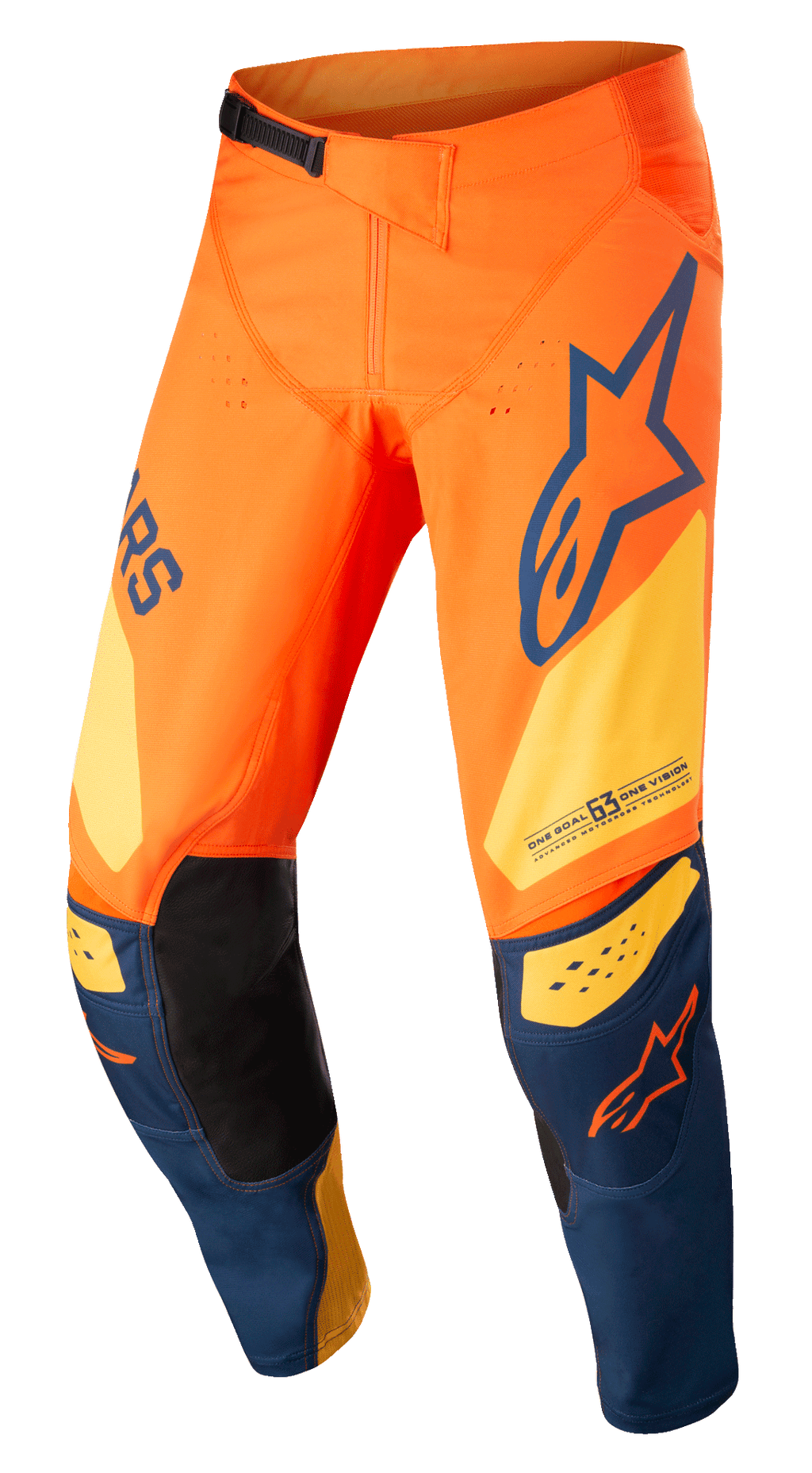 Alpinestars Techstar Factory Pants, pantalones de motocross, naranja y azul oscuro con amarillo cálido, con logotipos llamativos, construcción de rodilla 3D Babel con parches interiores de cuero negro y sistema de trinquete ajustable en la cintura para carreras off-road.