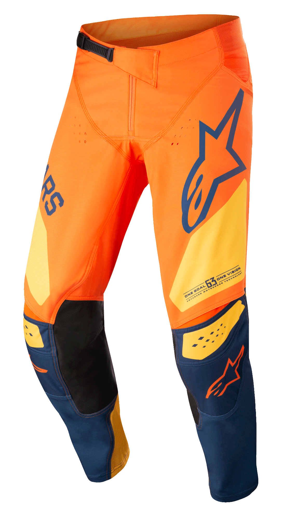 Alpinestars Techstar Factory Pants, pantalones de motocross, naranja y azul oscuro con amarillo cálido, con logotipos llamativos, construcción de rodilla 3D Babel con parches interiores de cuero negro y sistema de trinquete ajustable en la cintura para carreras off-road.