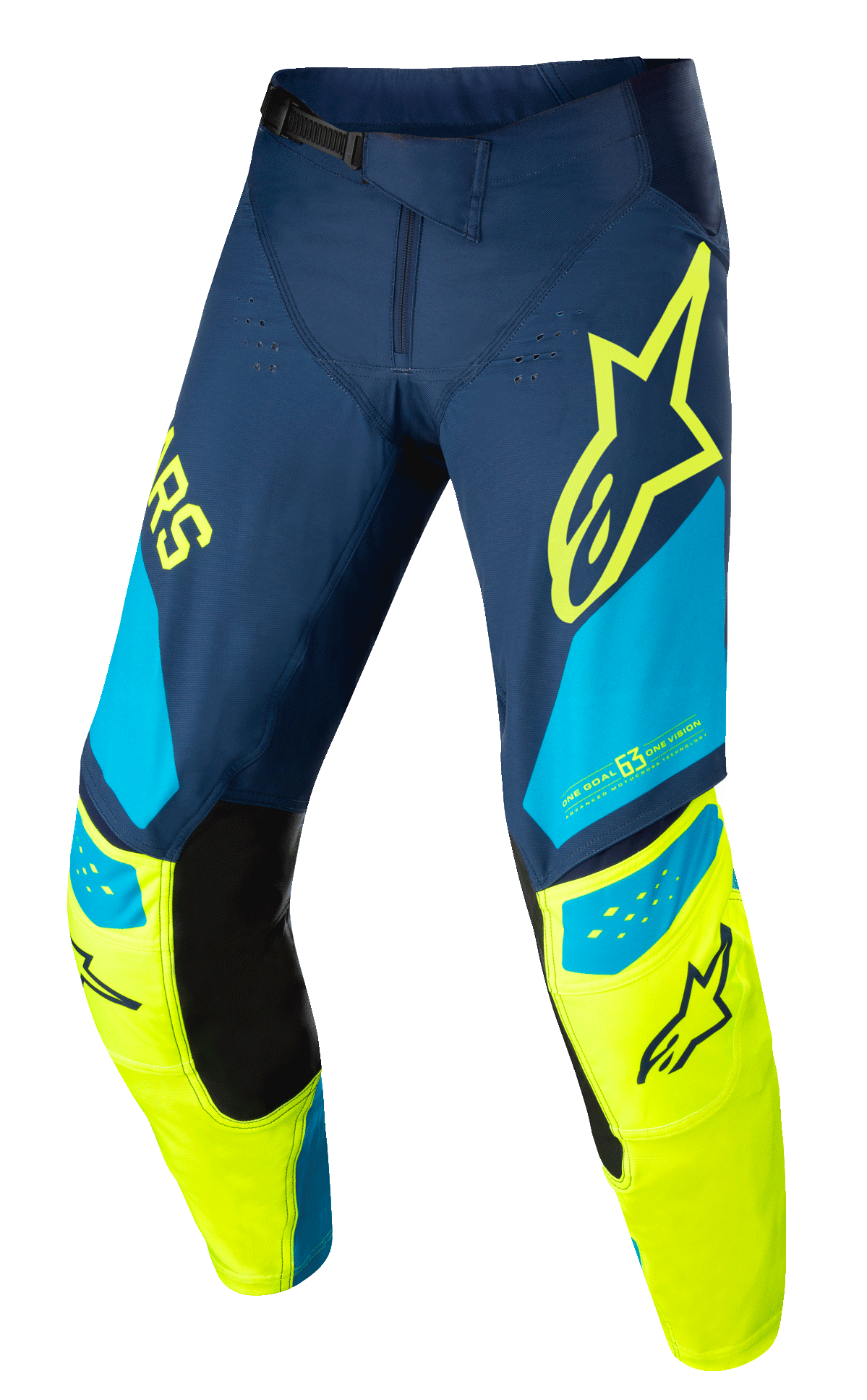 Alpinestars Techstar Factory Pants, pantalones de motocross, azul oscuro, amarillo flúor y azul claro, con paneles interiores negros en la rodilla, logotipo de estrella amarilla en el muslo, marca «ONE GOAL ONE VISION» y zonas de ventilación perforadas para alto rendimiento todoterreno