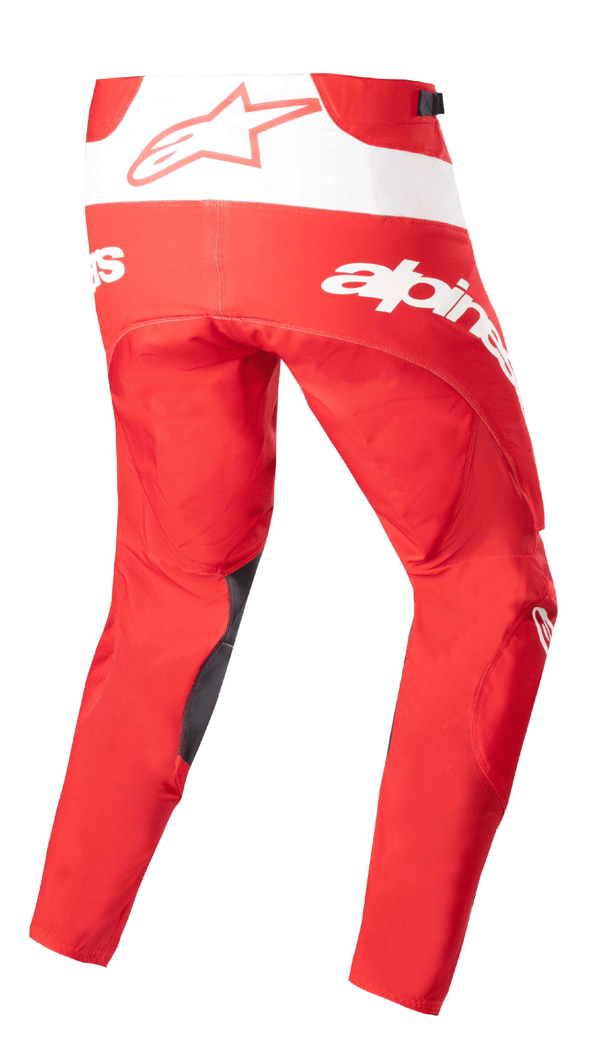 Alpinestars Techstar Arch Pants 2023, pantalones de motocross, rojo Mars y blanco, vista trasera con marca blanca llamativa y logotipo de estrella, refuerzos oscuros en la parte interna de la pierna, diseño técnico para rendimiento todoterreno