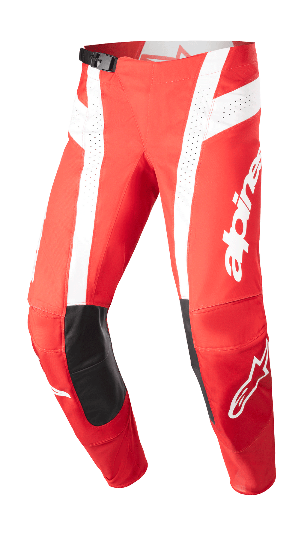 Alpinestars Techstar Arch Pants 2023, pantalones de motocross, rojo Marte y blanco, parches de cuero negro en las rodillas, paneles de ventilación perforados, hebilla ajustable en la cintura, equipamiento off-road de alto rendimiento