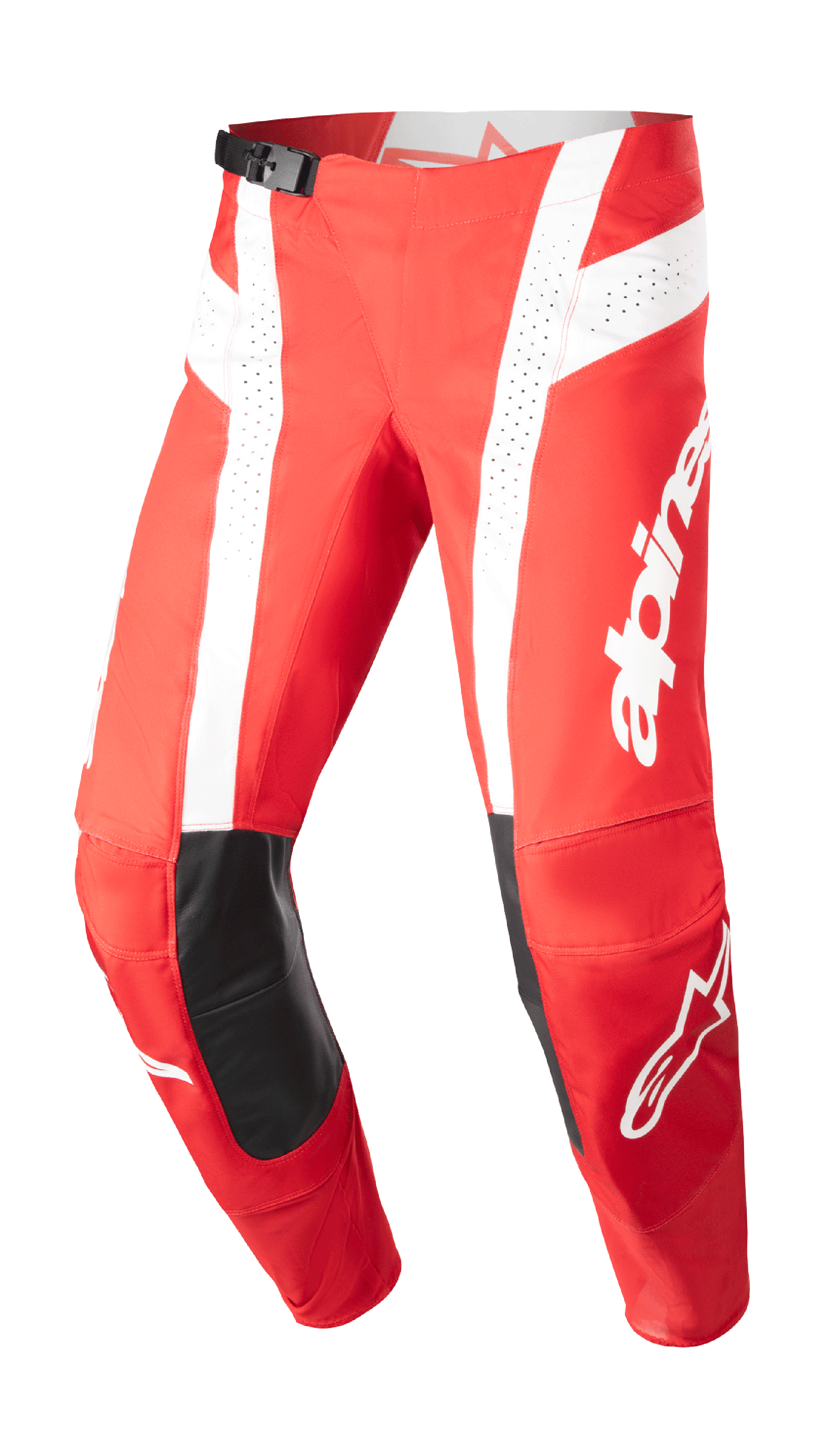 Alpinestars Techstar Arch Pants 2023, pantalones de motocross, rojo Marte y blanco, parches de cuero negro en las rodillas, paneles de ventilación perforados, hebilla ajustable en la cintura, equipamiento off-road de alto rendimiento
