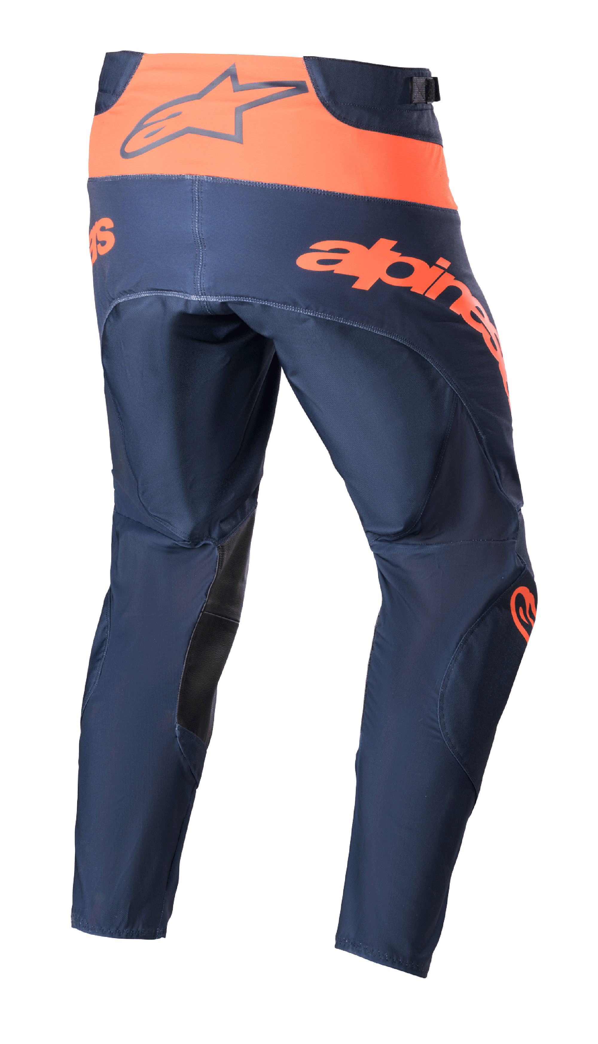 Alpinestars 2023 Techstar Arch Pants, pantalones de motocross, azul marino noche y naranja brillante, vista trasera que muestra la cintura naranja con el logotipo de Alpinestars, texto naranja grande en la parte posterior y refuerzos negros en el interior de las piernas