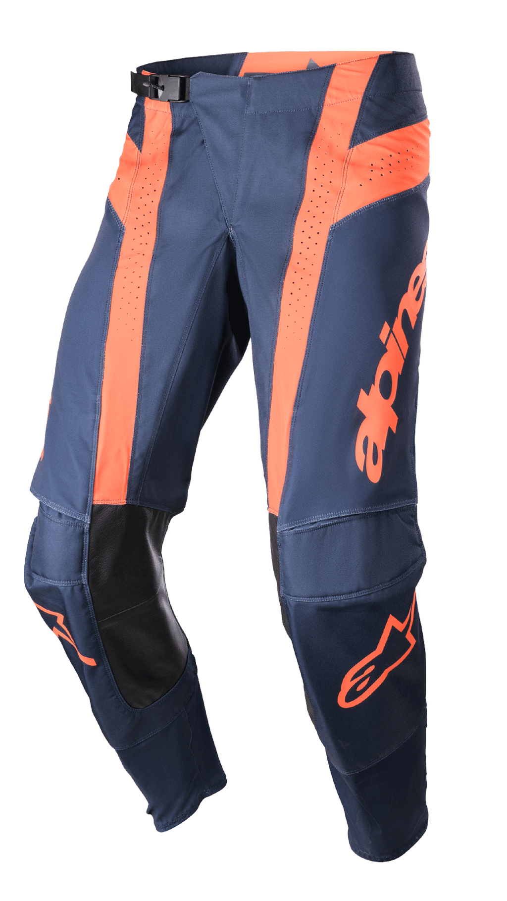 Pantalones Alpinestars Techstar Arch 2023, pantalones de motocross, azul marino y naranja brillante, paneles de ventilación perforados, protección de cuero negro en el interior de la rodilla, hebilla de cintura ajustable, equipamiento de alto rendimiento para todoterreno