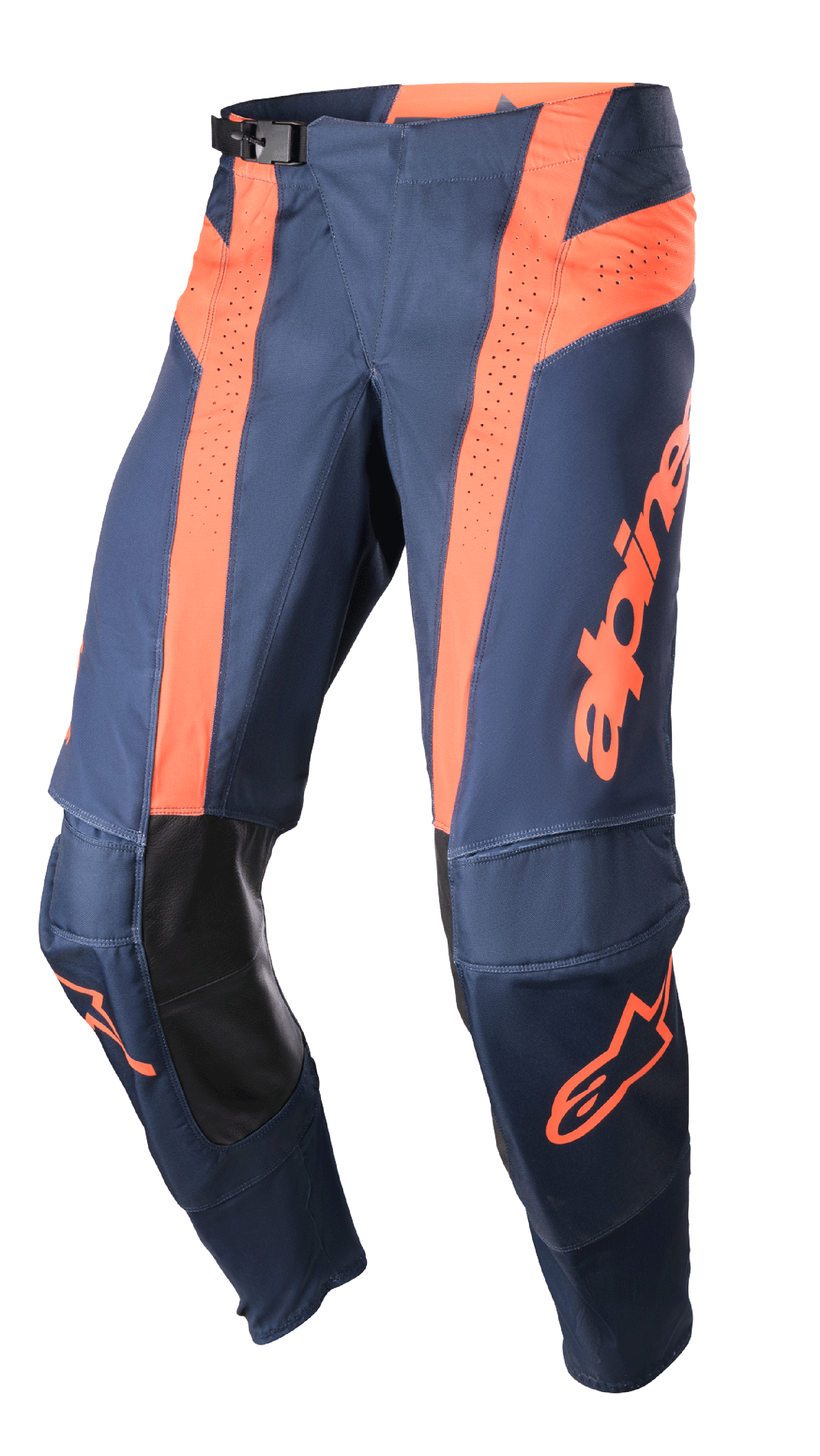 Alpinestars 2023 Techstar Arch Pants, Motocross Pants, Night Navy and Hot Orange, perforated ventilation panels, black leather inner knee protection, adjustable waist buckle, performance-engineered off-road gear