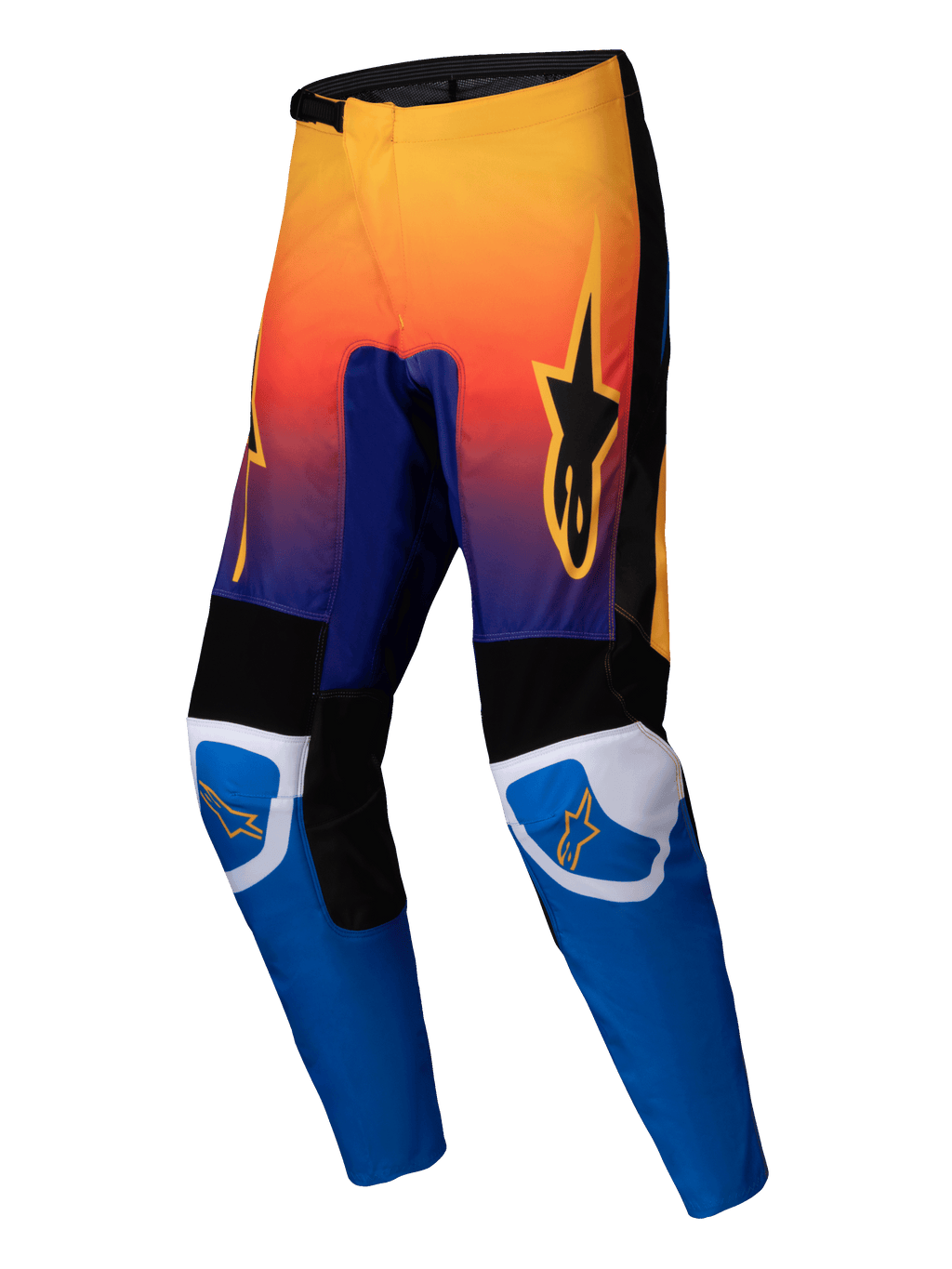 Alpinestars 2025 Fluid Wurx Pants, pantalones de motocross, multicolor con degradado de naranja a morado en la parte superior y piernas en azul brillante, con paneles reforzados en blanco y negro, logotipo de estrella naranja en muslos y rodillas, diseño duradero para carreras todoterreno