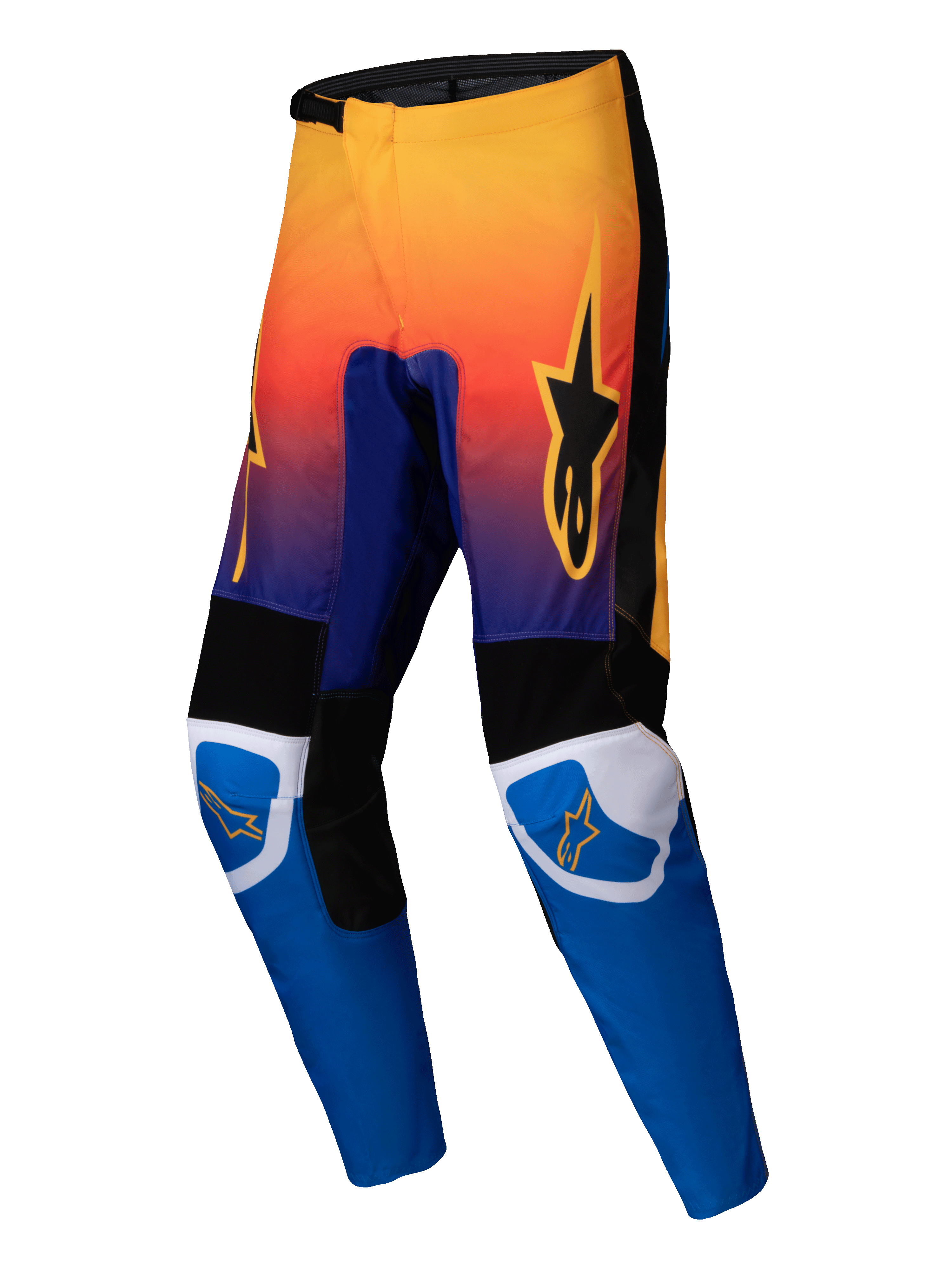 Alpinestars 2025 Fluid Wurx Pants, pantalones de motocross, multicolor con degradado de naranja a morado en la parte superior y piernas en azul brillante, con paneles reforzados en blanco y negro, logotipo de estrella naranja en muslos y rodillas, diseño duradero para carreras todoterreno