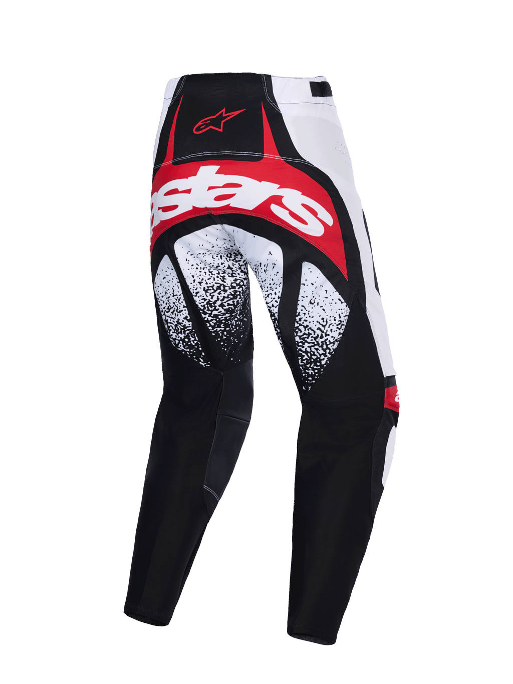 Alpinestars 2026 Techstar Nomur Pants, pantalones de motocross en negro, blanco y rojo, vista trasera con logotipo llamativo en rojo y blanco en el asiento, patrones moteados en blanco y negro en los muslos y construcción técnica de múltiples paneles.