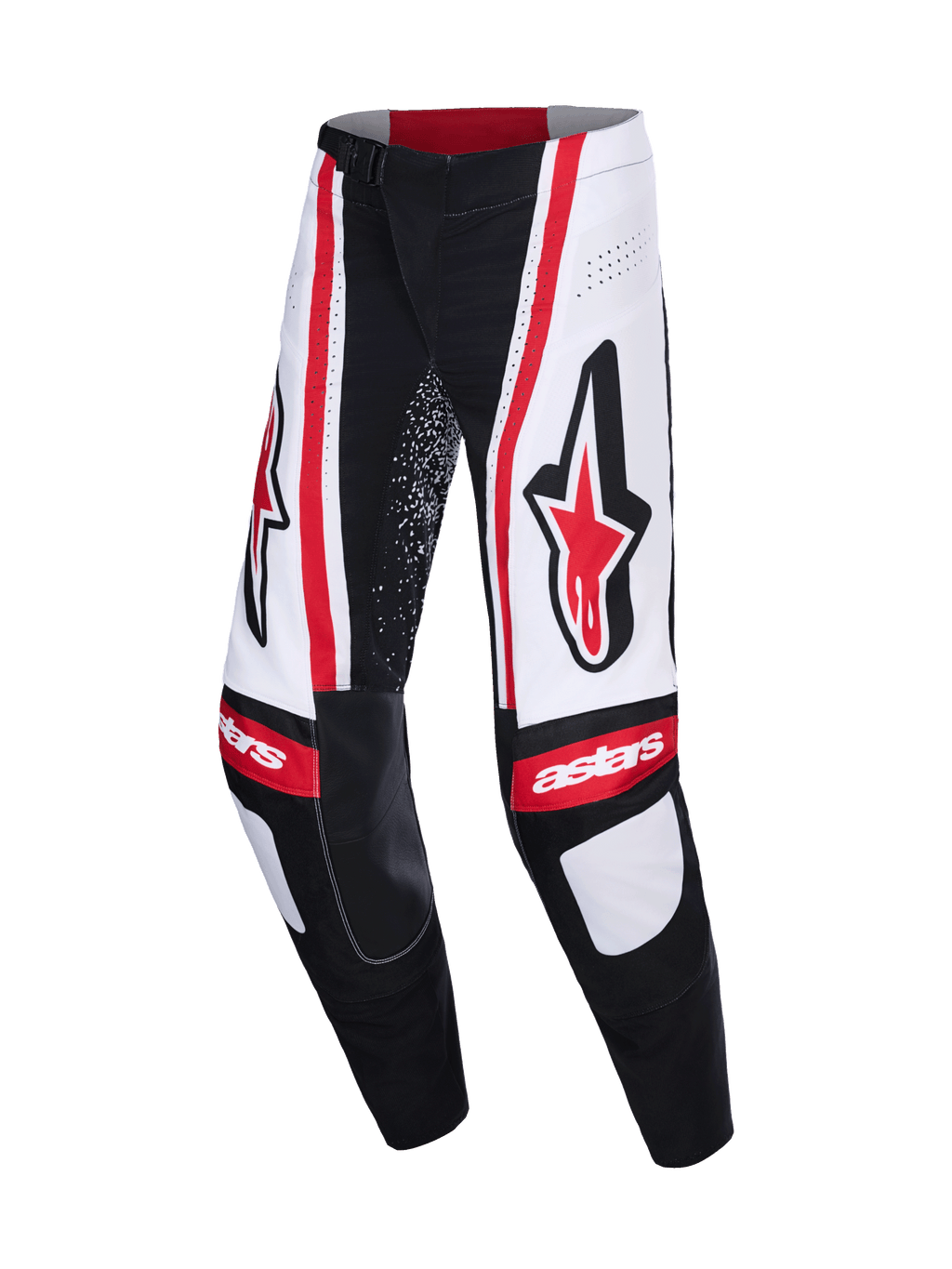 Pantalones Alpinestars 2026 Techstar Nomur, pantalones de motocross, negro, blanco y rojo, con grandes logotipos rojos de Astars en los muslos, paneles blancos con rayas verticales rojas y marca "astars" en las rodillas.
