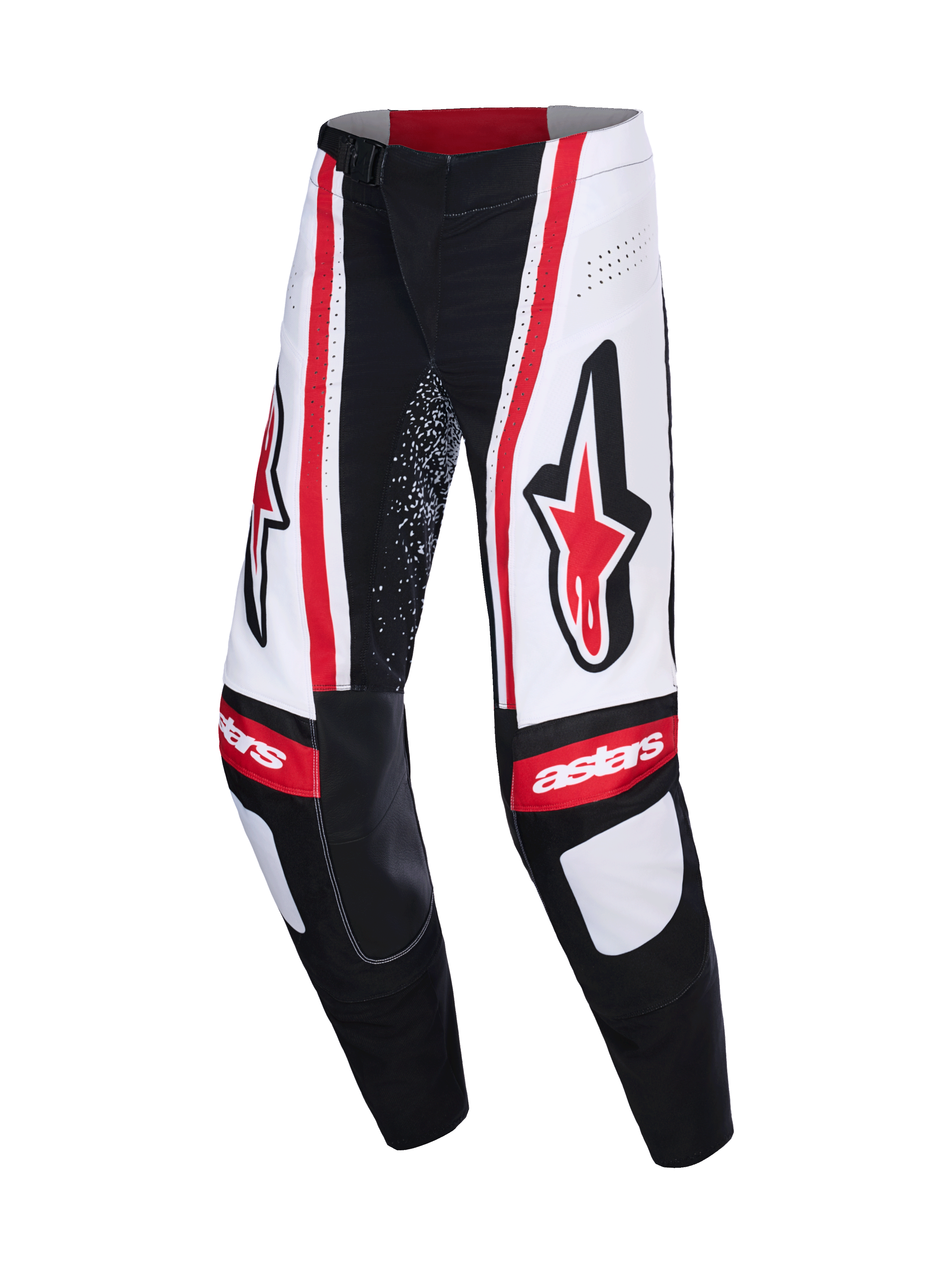 Pantalones Alpinestars 2026 Techstar Nomur, pantalones de motocross, negro, blanco y rojo, con grandes logotipos rojos de Astars en los muslos, paneles blancos con rayas verticales rojas y marca "astars" en las rodillas.