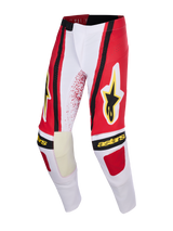 Alpinestars 2026 Techstar Nomur Pants, pantalones de motocross, gris claro, rojo y negro, con el logotipo de la estrella y el texto de Alpinestars en amarillo, paneles reforzados en el interior de las rodillas, diseño atlético de ajuste de competición para carreras todoterreno