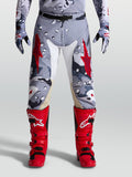 Alpinestars Racer Air Lone Pants, gray camo and fire red motocross gear with perforated fabric and leather inner knees.