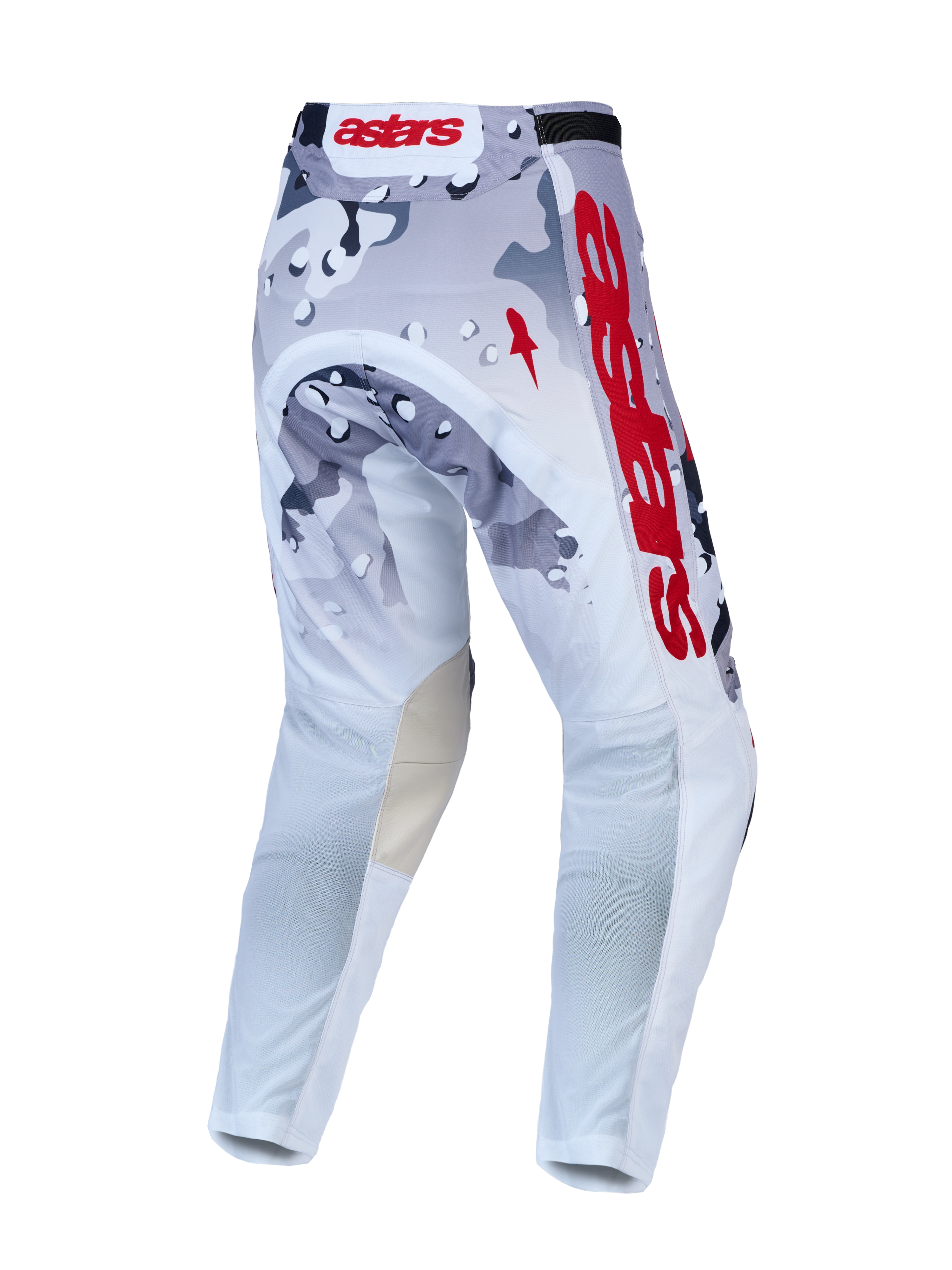 Alpinestars Racer Air Lone, pantalones de motocross ventilados en camuflaje gris y blanco con detalles rojos, vista trasera