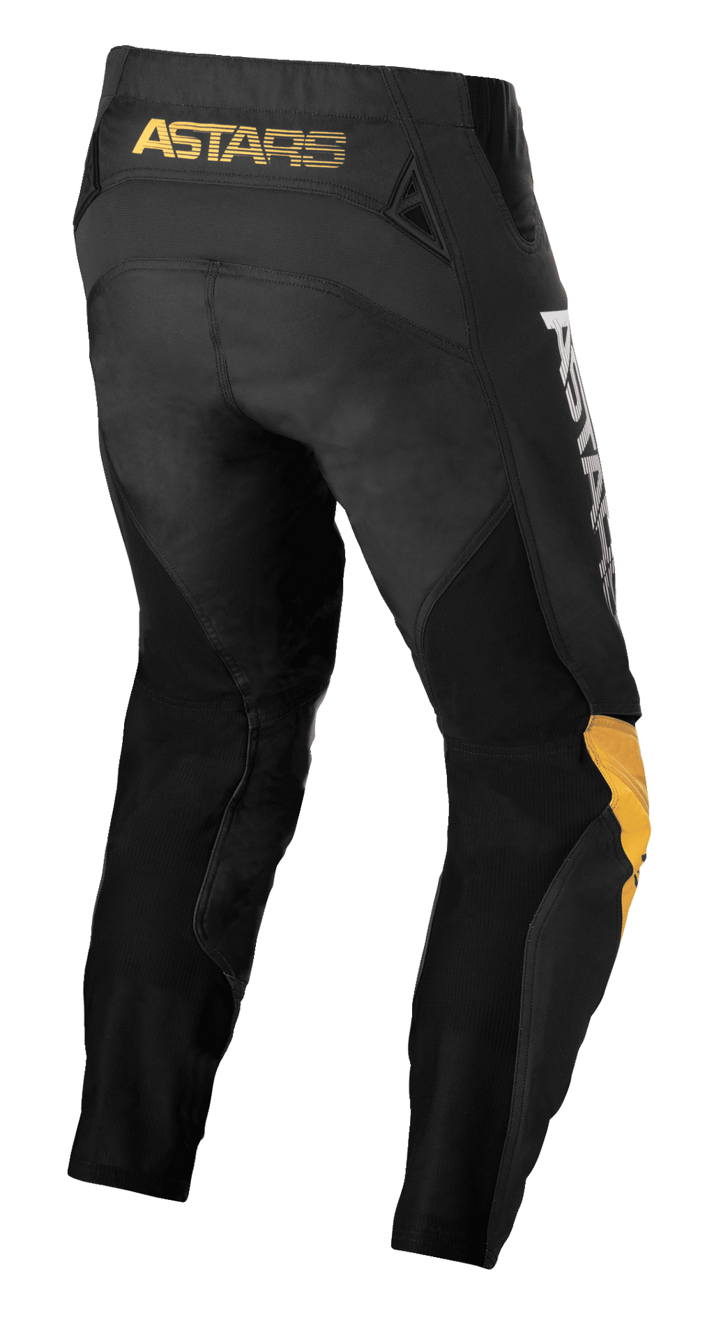 Alpinestars Techstar Quadro Pants, pantalones de motocross, negro, amarillo y mandarina, vista trasera con la marca 'ASTARS' en amarillo en la cintura, inserciones de malla negra para ventilación y paneles ergonómicos en las rodillas en amarillo y mandarina para durabilidad en carreras off-road