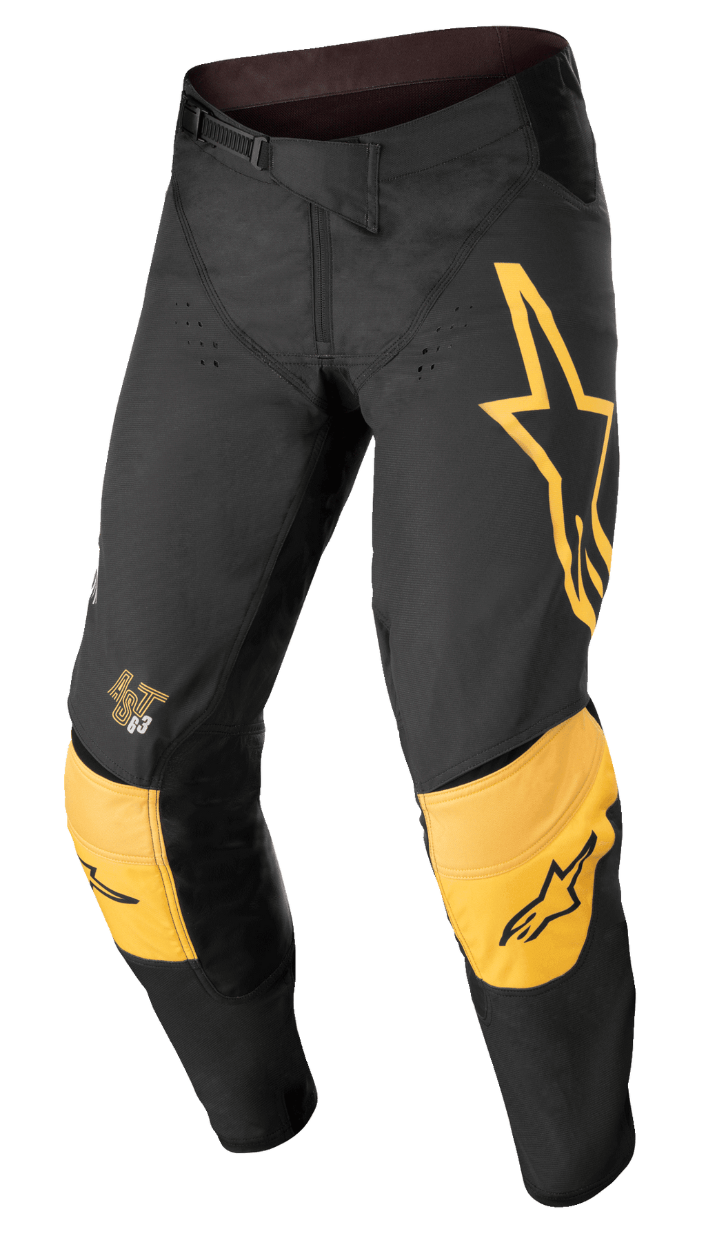 Alpinestars Techstar Quadro Pants, pantalones de motocross todoterreno, negros y amarillos con acentos en color mandarina, con un gran logotipo de estrella amarilla en el muslo izquierdo, rodilleras amarillas reforzadas con logotipos negros, orificios de ventilación y cierre de trinquete en la cintura para un ajuste de competición de alto rendimiento.
