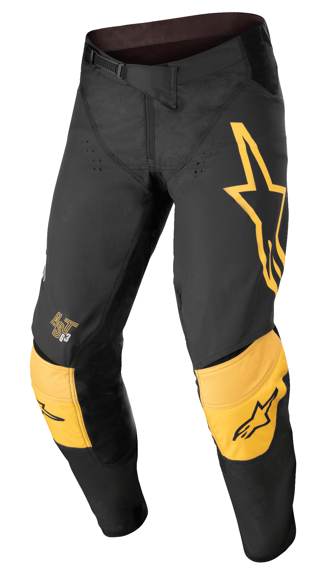 Alpinestars Techstar Quadro Pants, pantalones de motocross todoterreno, negros y amarillos con acentos en color mandarina, con un gran logotipo de estrella amarilla en el muslo izquierdo, rodilleras amarillas reforzadas con logotipos negros, orificios de ventilación y cierre de trinquete en la cintura para un ajuste de competición de alto rendimiento.
