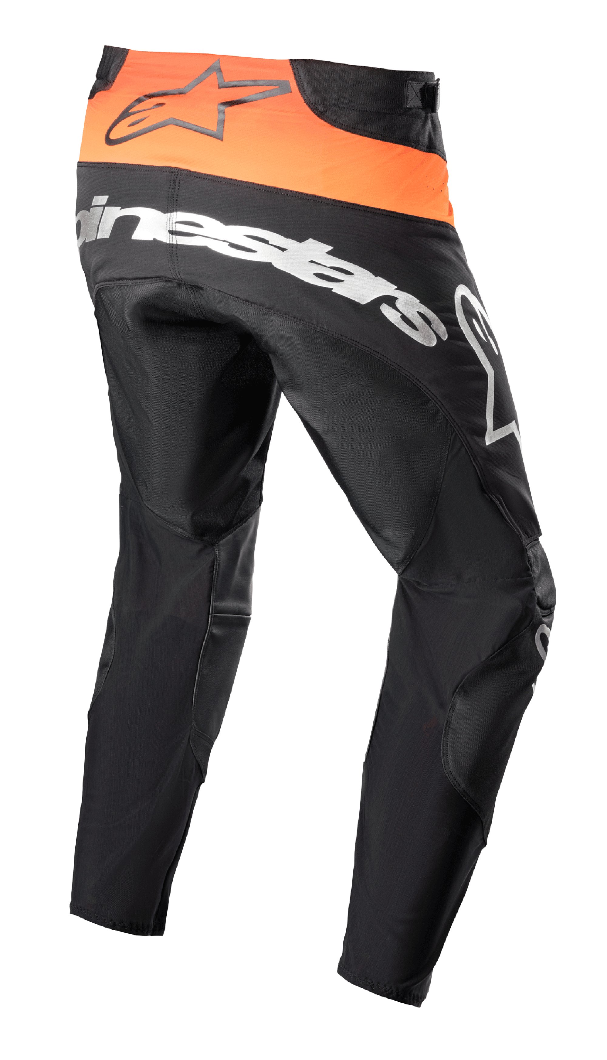 Alpinestars Techstar Sein Pants 2023, pantalones de motocross, negro y naranja brillante, vista trasera que muestra el panel naranja de la cintura con logo negro, marca Alpinestars grande en blanco sobre la parte trasera y construcción textil reforzada para carreras todoterreno