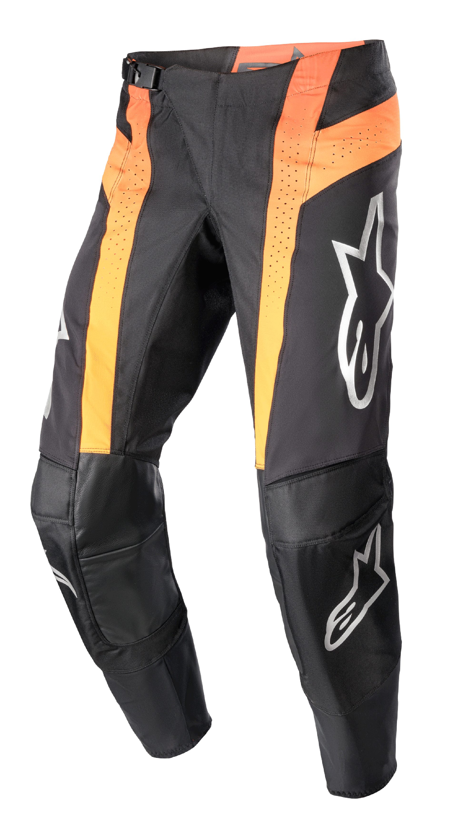 Alpinestars 2023 Techstar Sein Pants, Motocross Pants, Black and Hot Orange, featuring vertical orange panels with perforated ventilation, reinforced leather knee areas, silver logos on the thighs and shins, and a race-fit design.