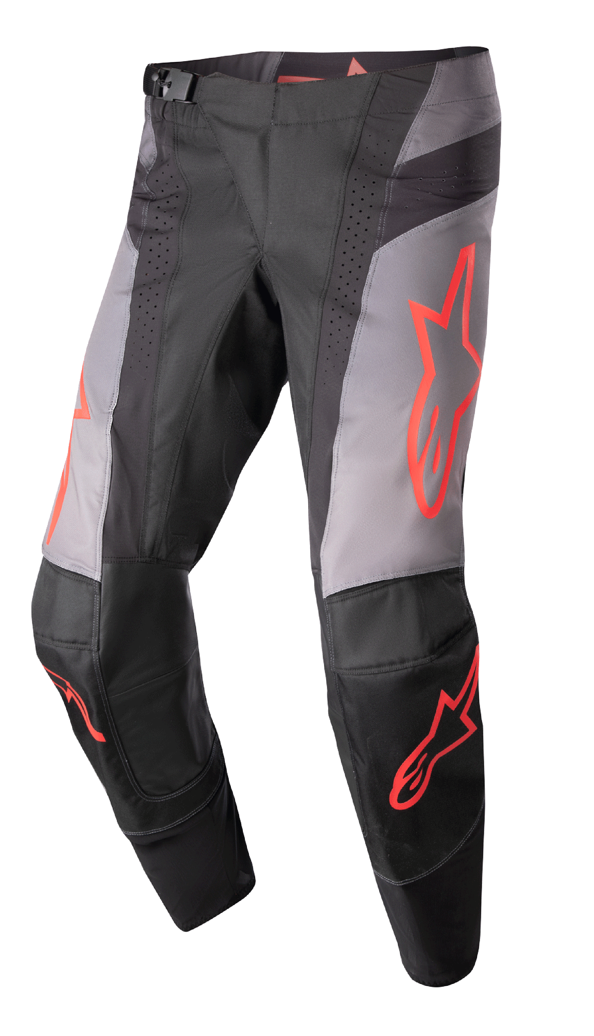 Alpinestars 2023 Techstar Sein Pants, pantalones de motocross, negros y grises con gráficos de estrellas rojo neón, zonas de ventilación perforadas, hebilla de cintura magnética y construcción de rodilla 3D Babel reforzada para rendimiento todoterreno.