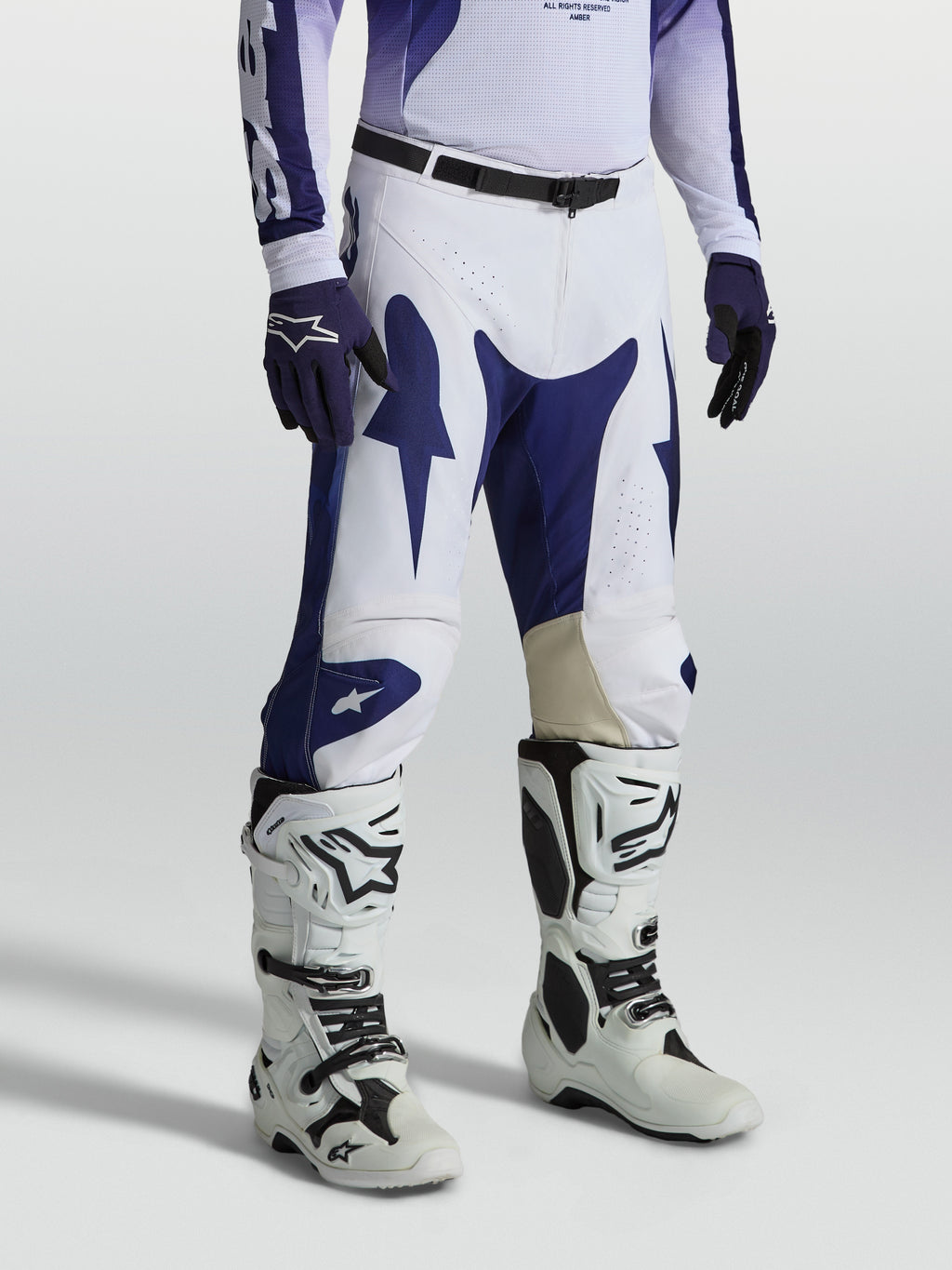 Alpinestars Racer Air Amber, pantalones de motocross de hombre, azules y blancos, polifabricado perforado y ajuste precurvado