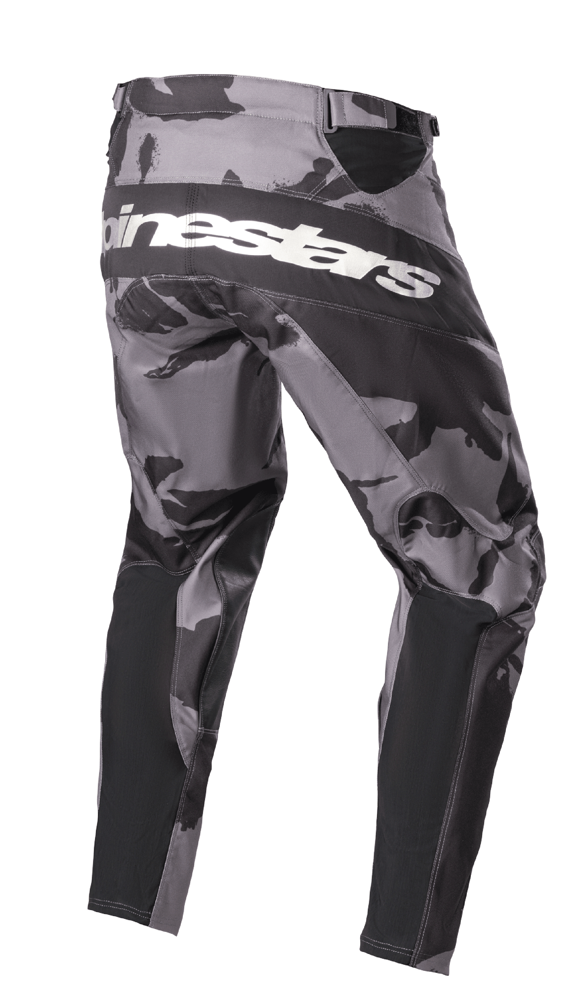 Alpinestars 2023 Racer Tactical Pants, pantalones de motocross, camuflaje Iron Camo en gris y negro, vista trasera con el logotipo de Alpinestars en blanco en el asiento, paneles reforzados negros y zonas elásticas técnicas para conducción fuera de carretera.