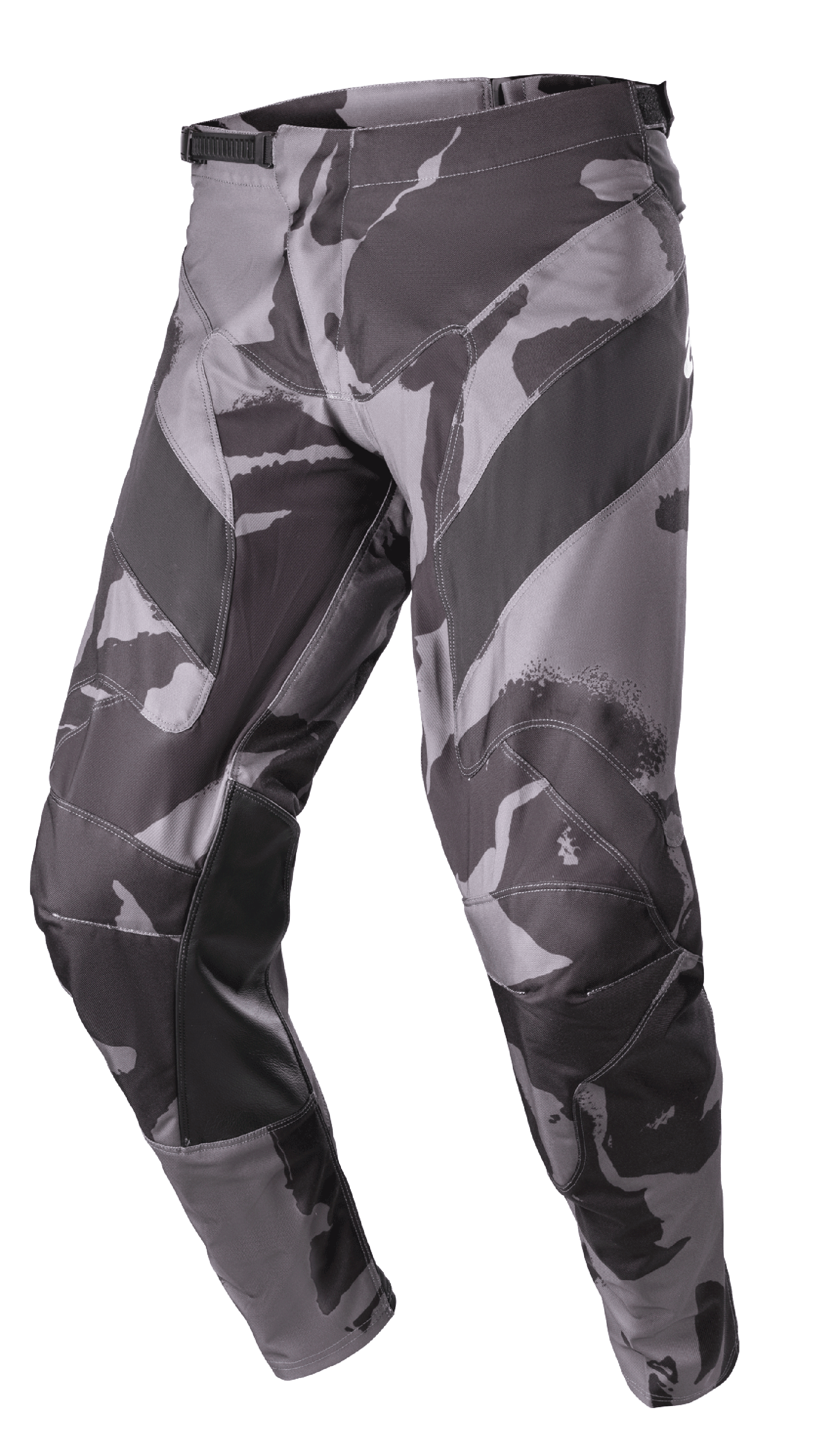 Pantalones Alpinestars Racer Tactical 2023, pantalones de motocross y todoterreno, camuflaje Iron en gris y negro, con refuerzos de cuero en la parte interna de las piernas, ajuste de cintura con trinquete y construcción duradera en tejido de poliéster 600D.