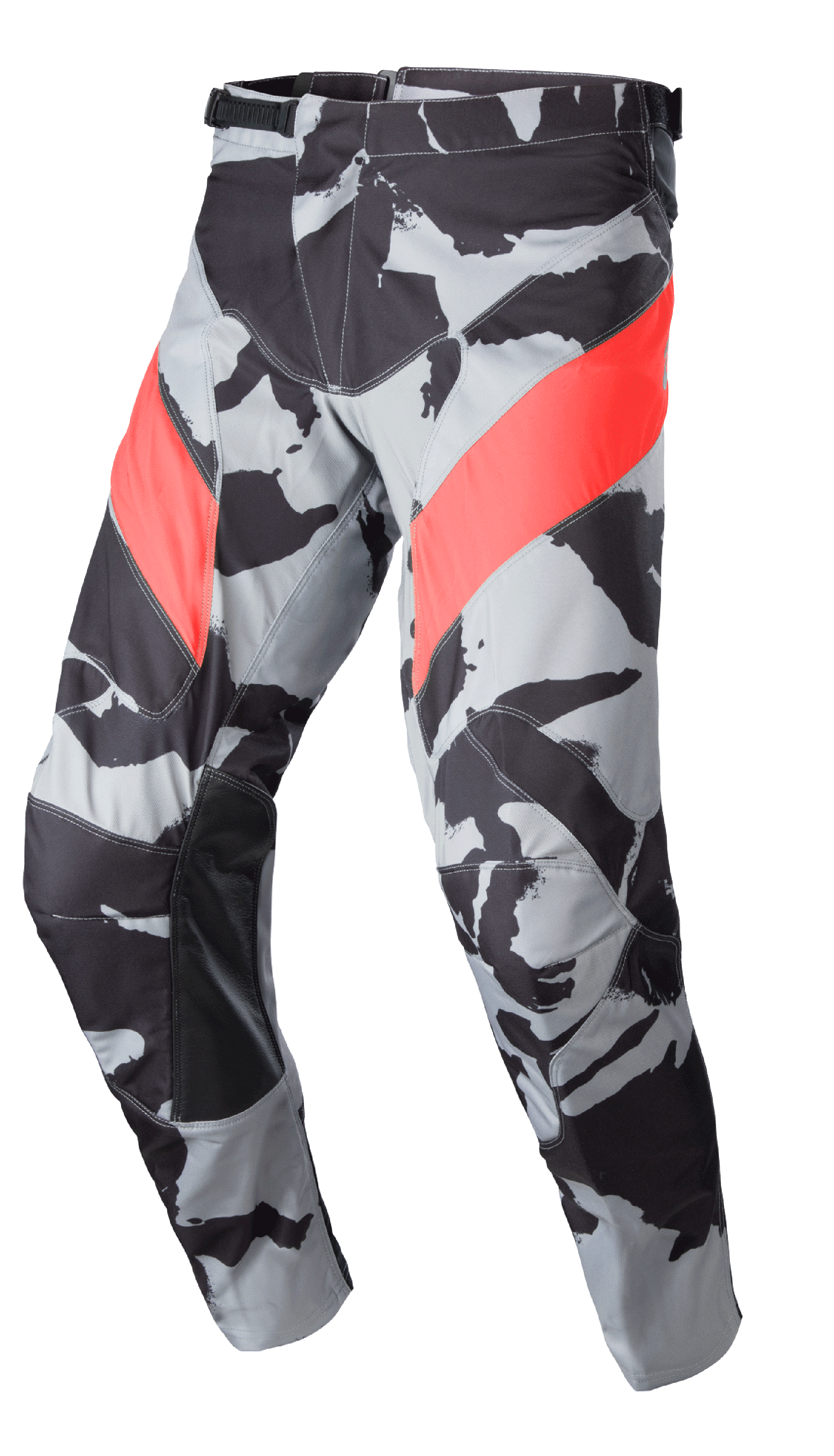 Alpinestars 2023 Racer Tactical Pants, pantalones de motocross off-road, patrón de camuflaje en gris y negro con detalles diagonales en rojo Marte, paneles internos de la pierna reforzados con cuero, cierre de cintura con trinquete y diseño ergonómico precurvado para conducción off-road