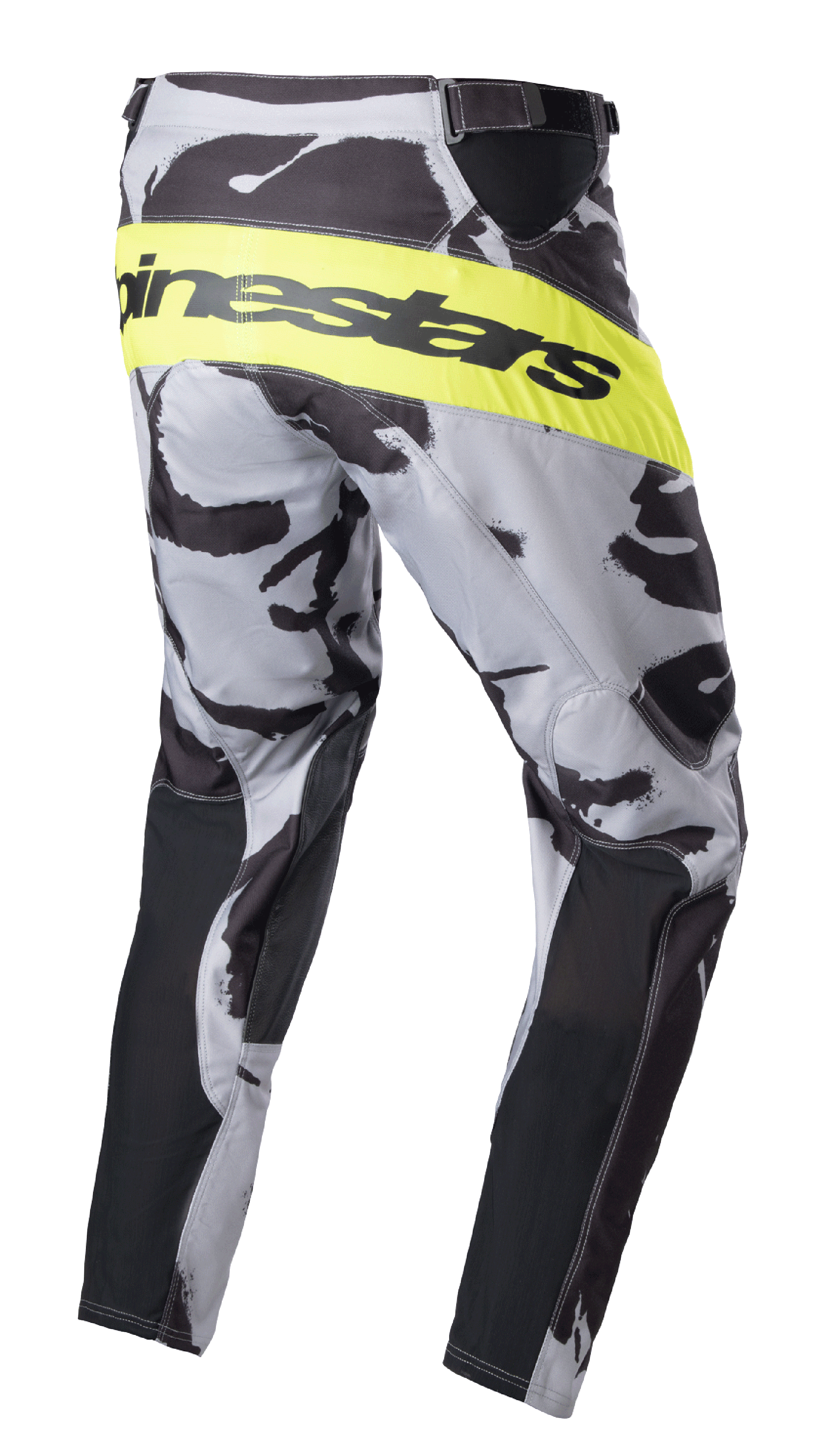 Alpinestars 2023 Racer Tactical Pants, pantalones de motocross, camuflaje gris y amarillo flúor, vista lateral trasera con una banda amarillo flúor brillante y marca Alpinestars en negro, patrón de camuflaje con paneles negros en el interior de la pierna, equipo de alto rendimiento para off-road