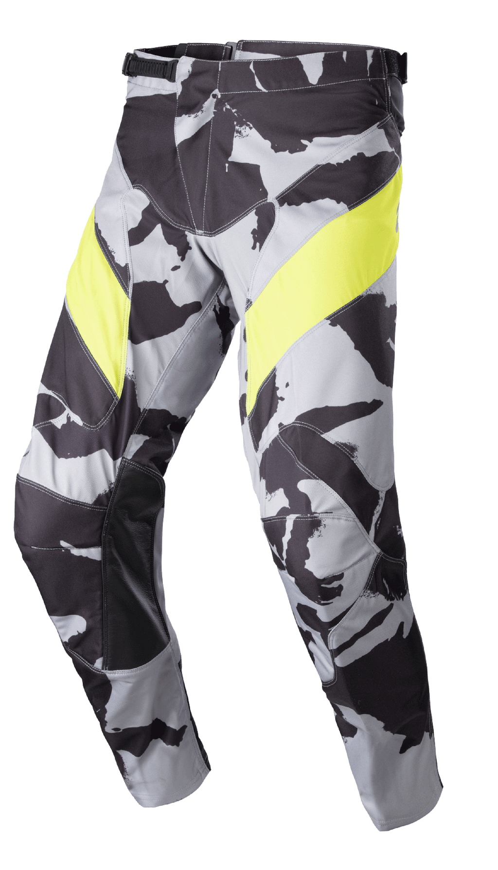 Alpinestars 2023 Racer Tactical Pants, pantalones de motocross, camuflaje gris y amarillo flúor, con un patrón de camuflaje gris con llamativos paneles amarillos en los muslos, refuerzos internos de cuero negro en las rodillas y cierre de trinquete en la cintura para carreras todoterreno.