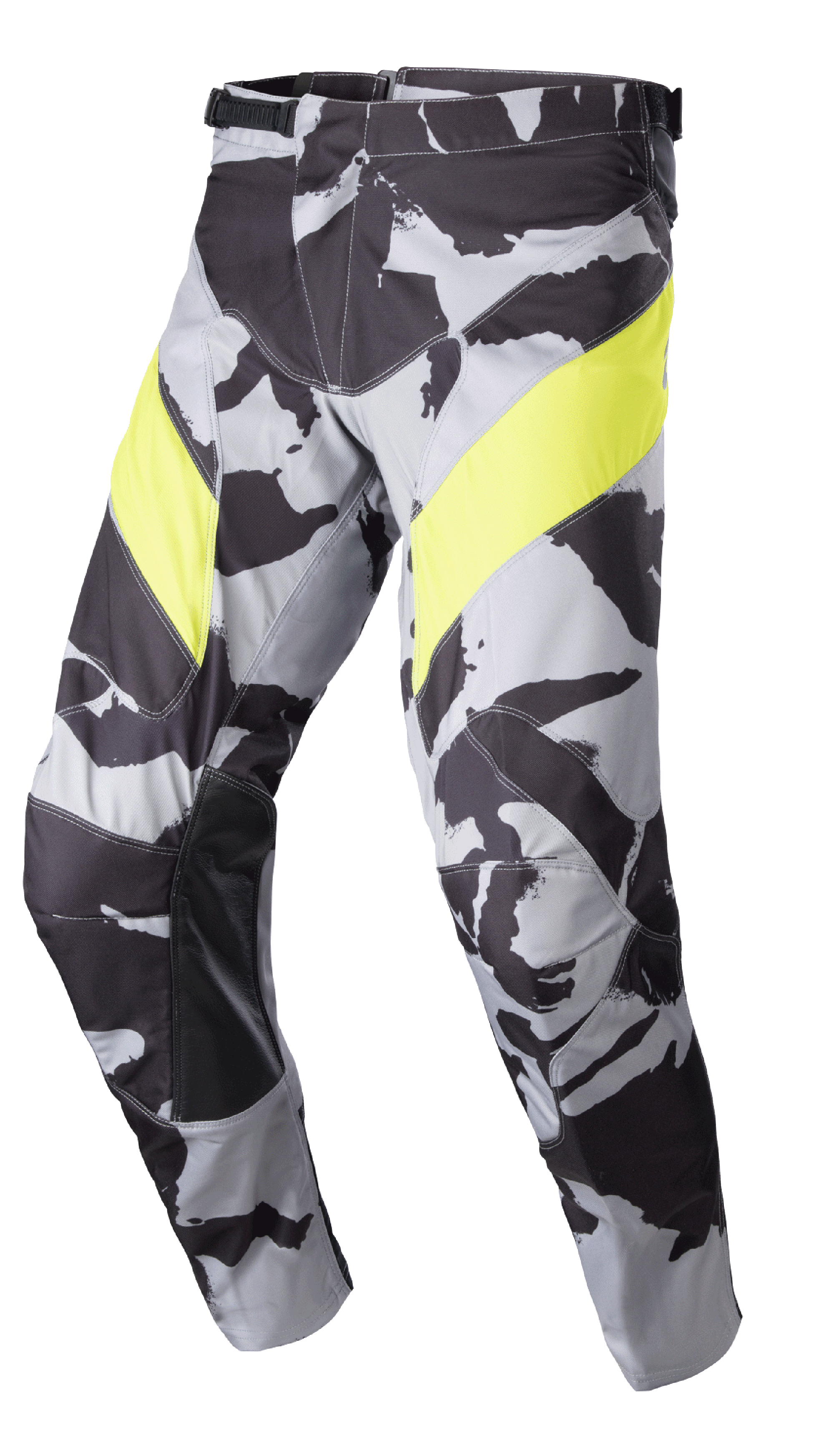 Alpinestars 2023 Racer Tactical Pants, pantalones de motocross, camuflaje gris y amarillo flúor, con un patrón de camuflaje gris con llamativos paneles amarillos en los muslos, refuerzos internos de cuero negro en las rodillas y cierre de trinquete en la cintura para carreras todoterreno.