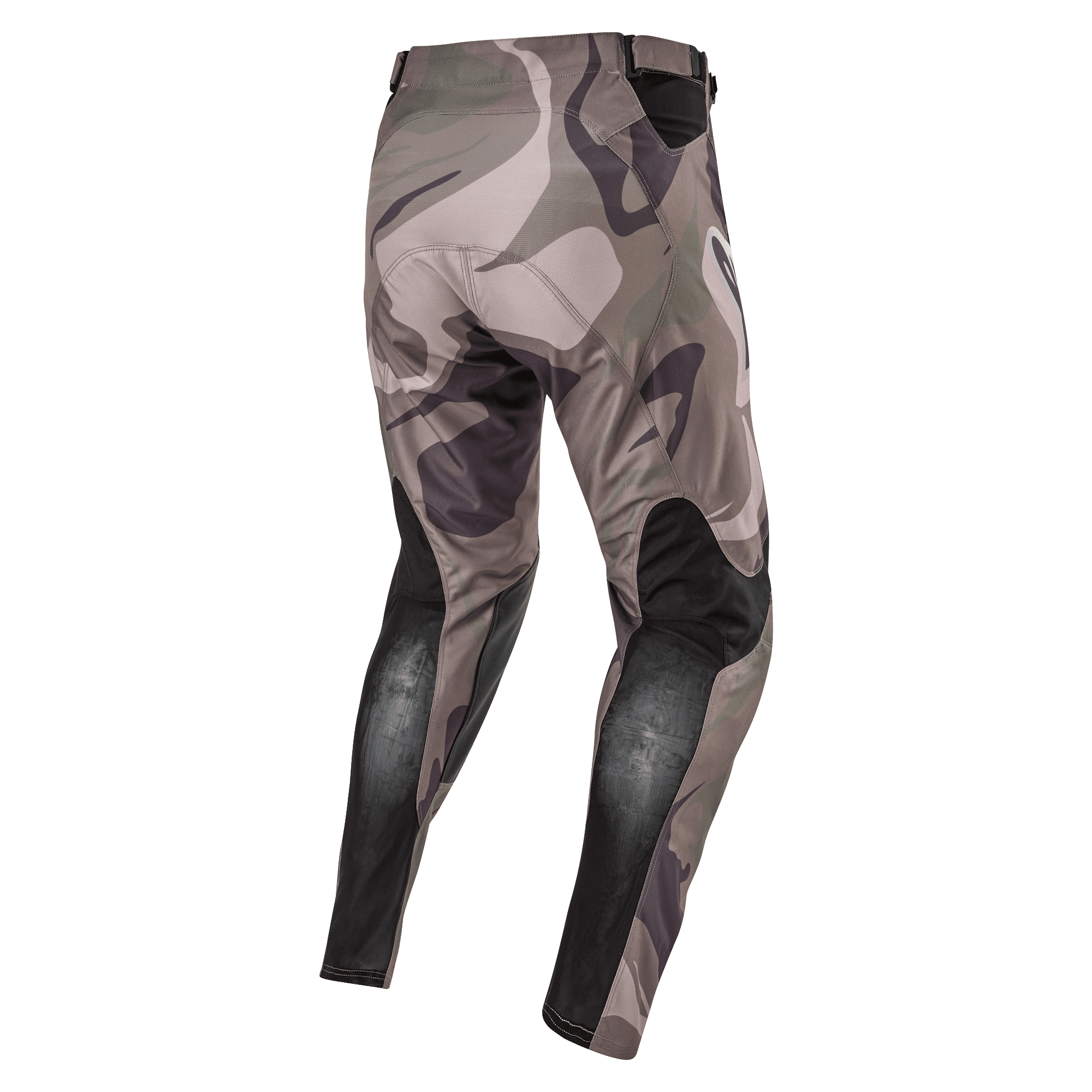 Alpinestars 2024 Racer Tactical Pants, pantalones de motocross, verde militar camuflaje marrón, vista trasera que muestra paneles elásticos negros transpirables en la parte inferior de las piernas y diseño de camuflaje, textil duradero para carreras fuera de carretera