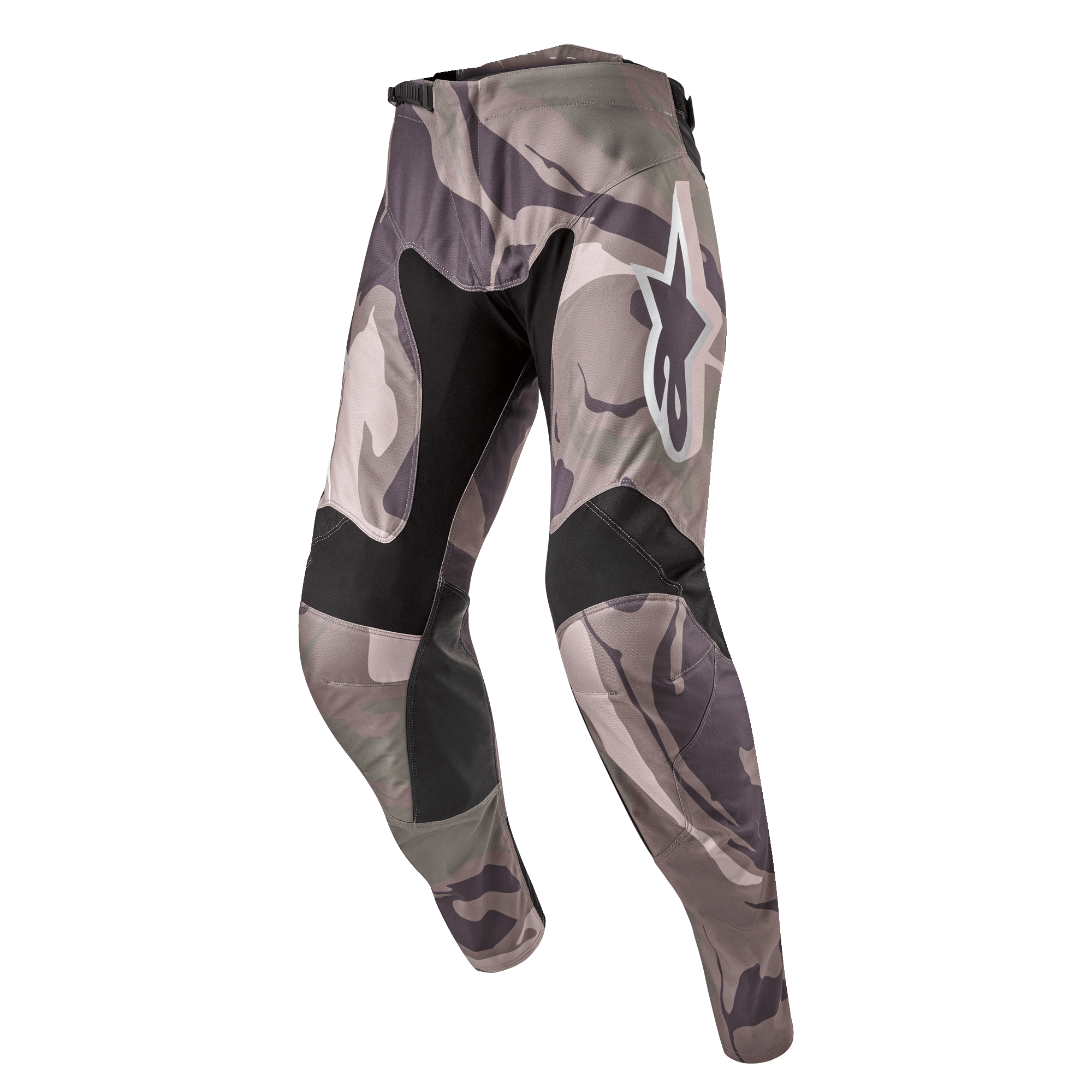Alpinestars 2024 Racer Tactical Pants, pantalones de motocross, patrón de camuflaje verde militar y marrón, con paneles elásticos negros en el interior de los muslos y rodillas, logo Alpinestars blanco en el muslo, diseño ergonómico precurvado para carreras fuera de carretera