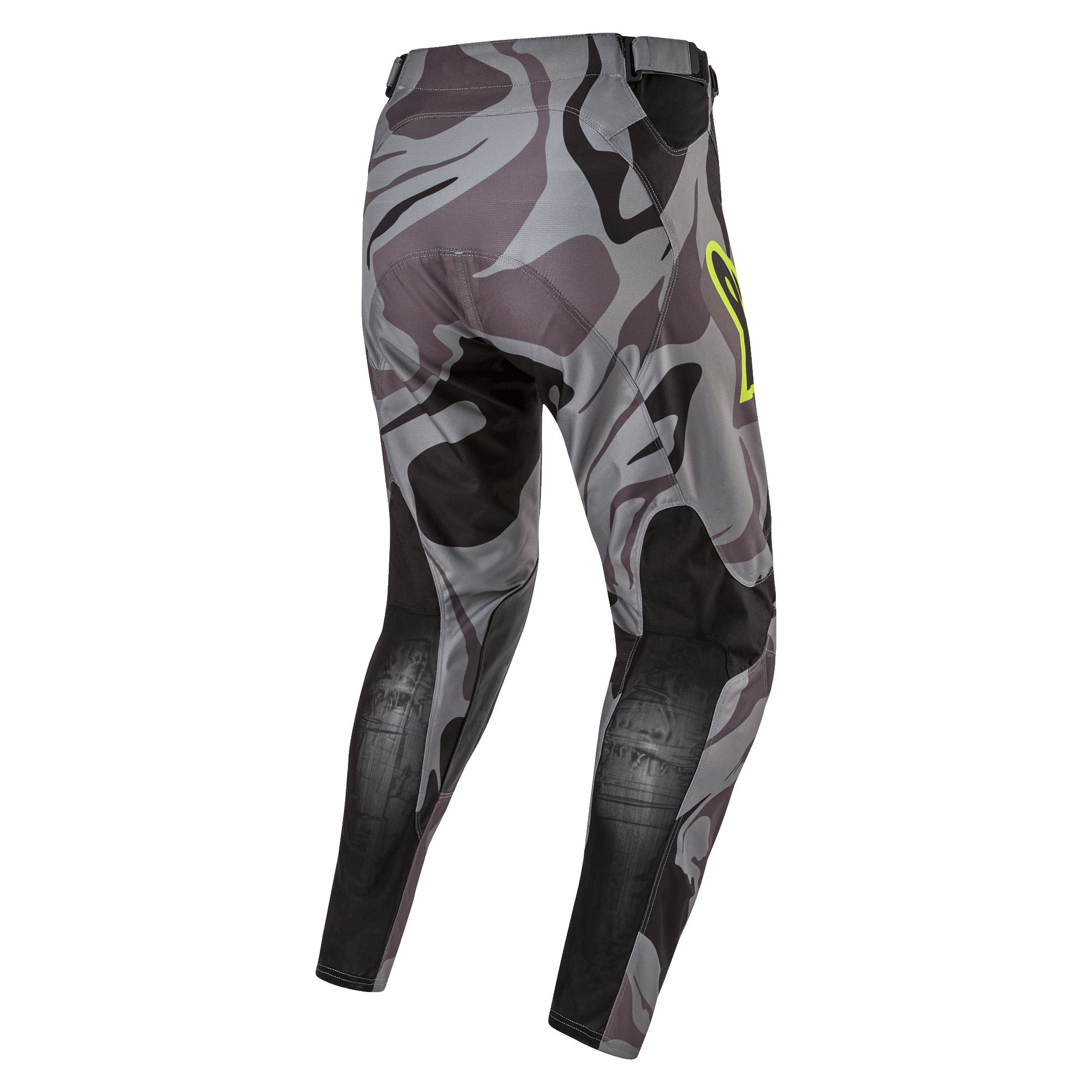 Alpinestars 2024 Racer Tactical Pants, pantalones de motocross, Cast Gray Camo Magnet, vista trasera que muestra el patrón de camuflaje gris con paneles reforzados negros, detalle del logo en amarillo en la cadera, material técnico rip-stop para carreras off-road