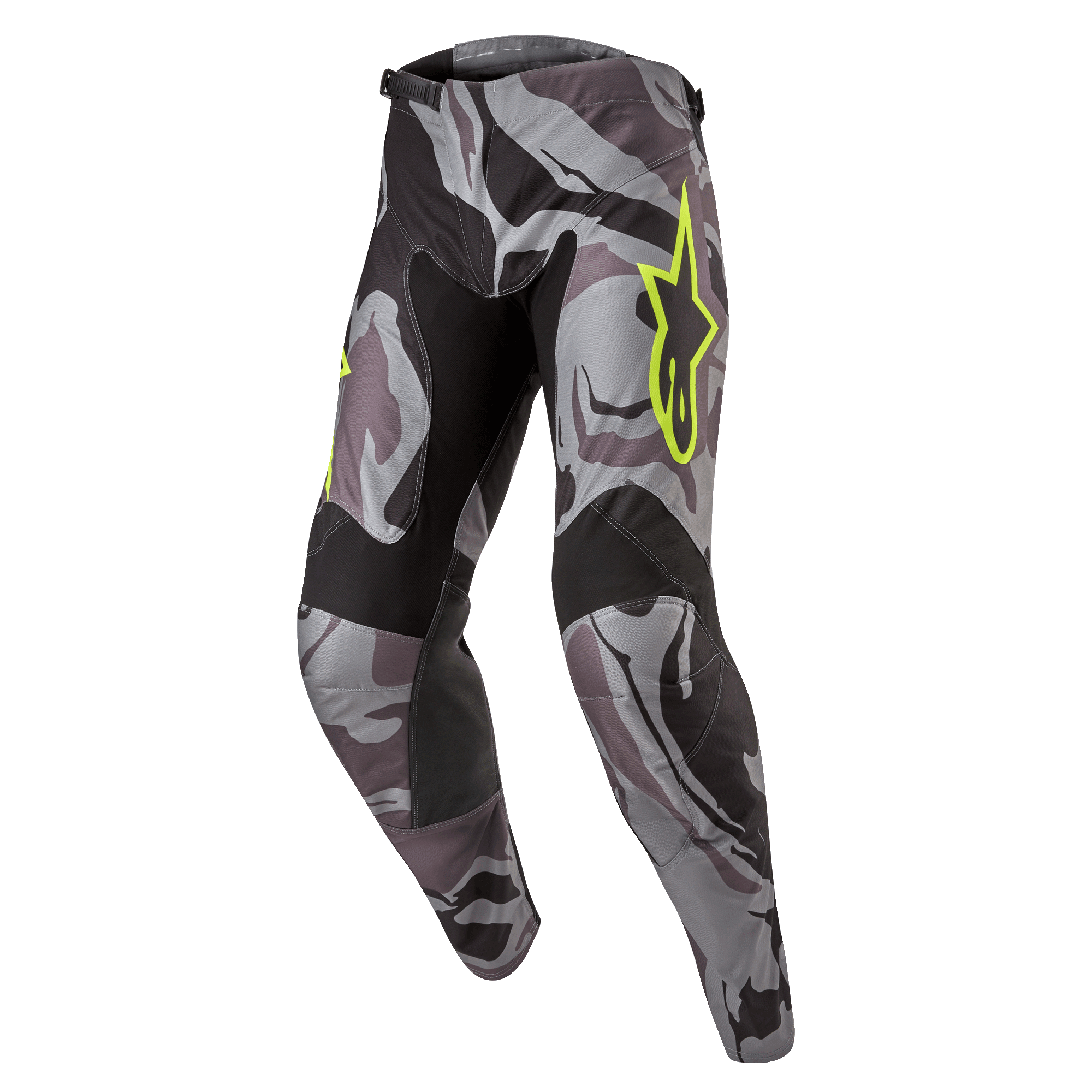 Alpinestars 2024 Racer Tactical Pants, pantalones de motocross, Cast Gray Camo Magnet, patrón de camuflaje gris y negro con logotipo de Alpinestars en amarillo neón, paneles negros en el interior de los muslos y las rodillas, ajuste deportivo precurvado para carreras todoterreno