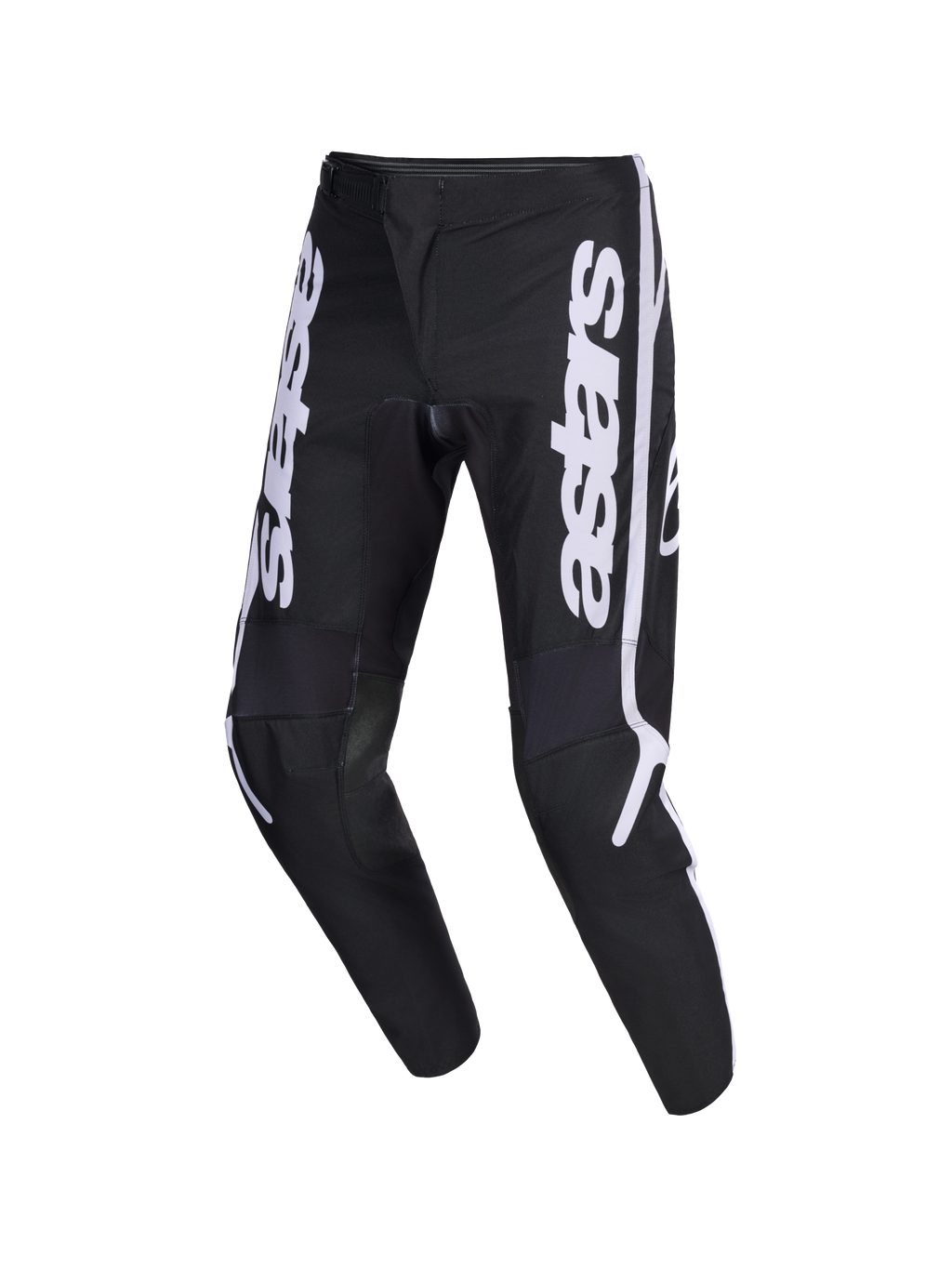 Alpinestars 2026 Fluid Apex Pants, pantalones de motocross, negros y grises, con el logotipo astars vertical en blanco en las piernas, diseño ergonómico de ajuste deportivo precurvado, fabricación duradera en polifabric 600D para conducción off-road
