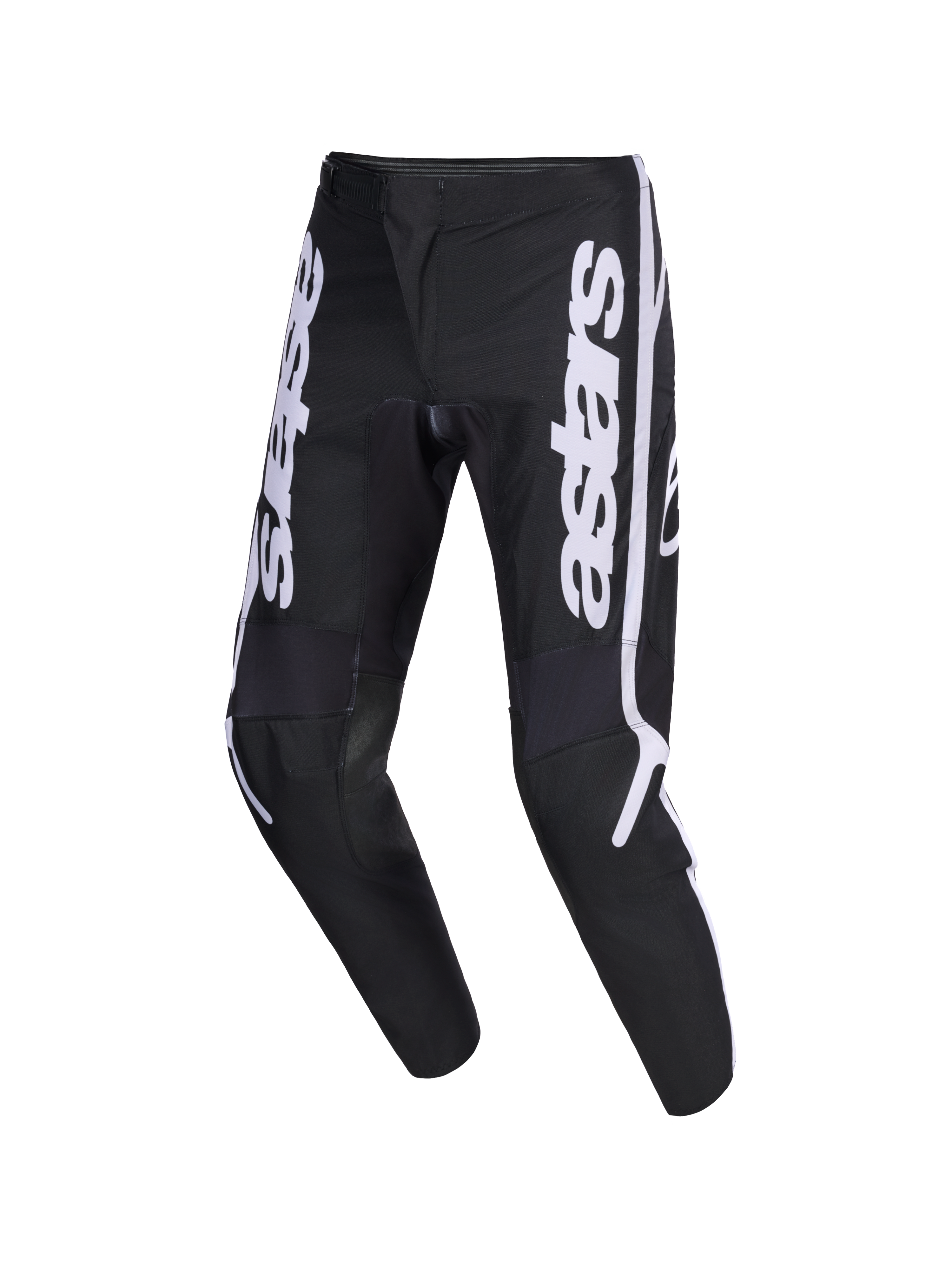 Alpinestars 2026 Fluid Apex Pants, pantalones de motocross, negros y grises, con el logotipo astars vertical en blanco en las piernas, diseño ergonómico de ajuste deportivo precurvado, fabricación duradera en polifabric 600D para conducción off-road