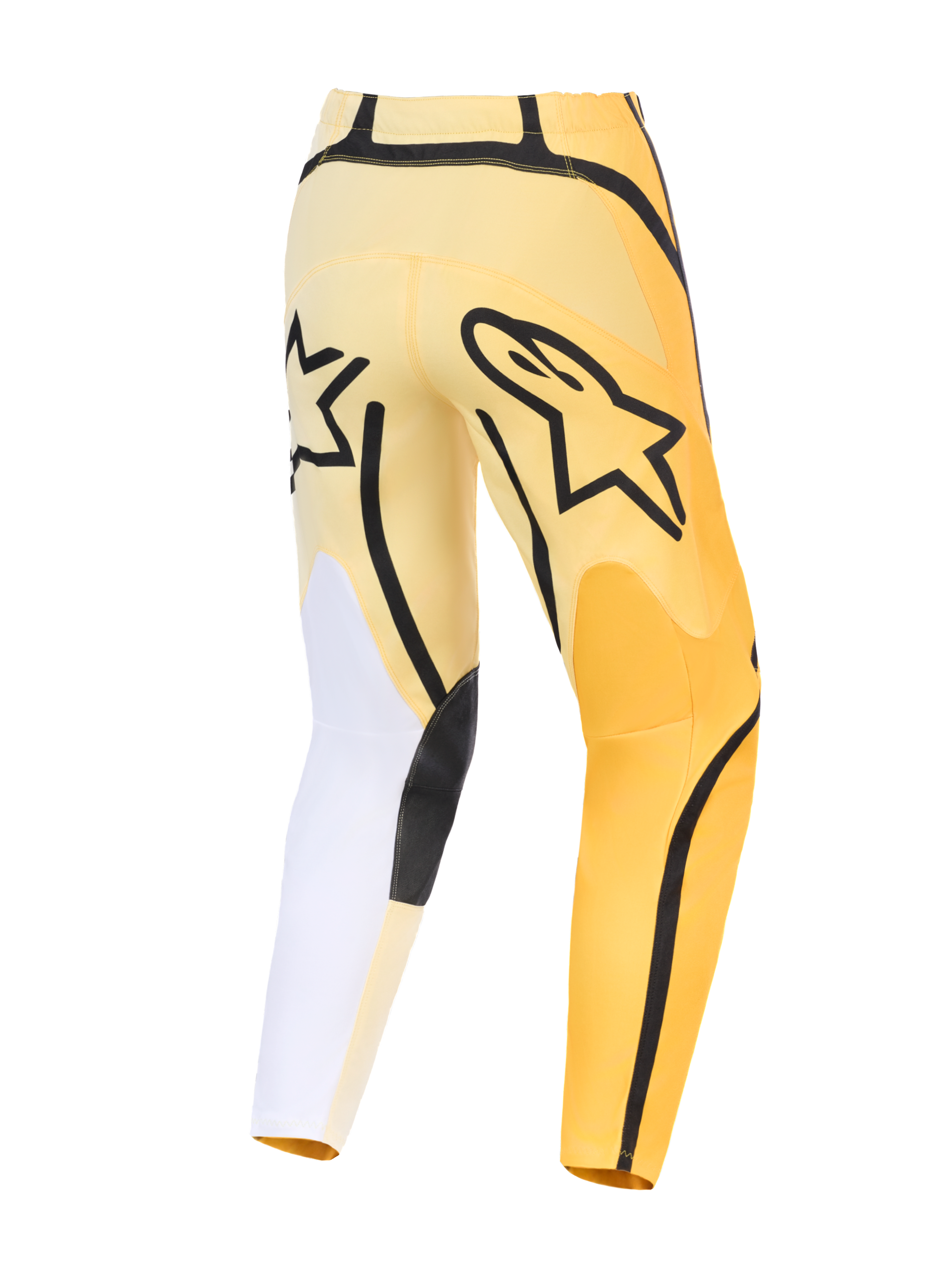 Alpinestars 2026 Fluid Apex Pants, pantalones de motocross, amarillos y negros con detalles blancos, vista trasera con un prominente logotipo Astars en negro, diseño asimétrico con paneles reforzados duraderos y ajuste precurvado.