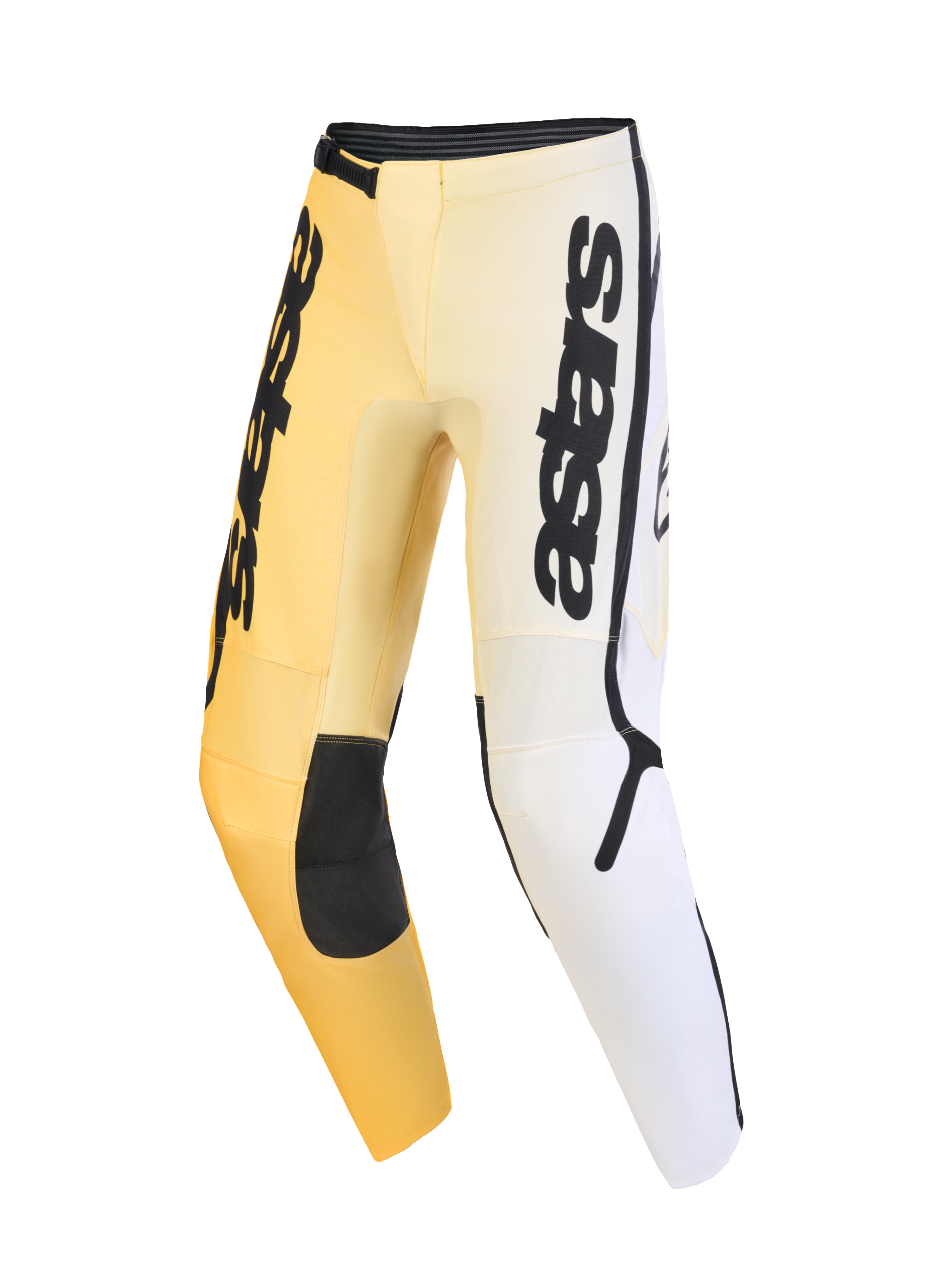 Alpinestars 2026 Fluid Apex Pants, pantalones de motocross, amarillos, blancos y negros, con un esquema de color degradado, logotipo vertical de astars en los muslos, paneles reforzados negros en las rodillas y diseño ergonómico precurvado para rendimiento off-road.