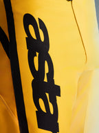 Primer plano de Alpinestars 2026 Fluid Apex Pants, pantalones de motocross, amarillo y negro, con un gran logotipo negro vertical, material duradero texturizado y detalles ergonómicos para un rendimiento todoterreno