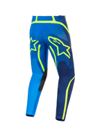 Alpinestars 2026 Fluid Apex Pants, pantalones de motocross, azul y amarillo flúor, vista trasera con contornos del logotipo de la estrella en amarillo, paneles internos reforzados en las rodillas y construcción duradera de polifabric para carreras off-road