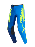 Alpinestars 2026 Fluid Apex Pants, pantalones de motocross, azul y amarillo flúor, con el distintivo logotipo vertical 'astars' en amarillo, paneles negros en el interior de las rodillas y diseño ergonómico precurvado para rendimiento off-road