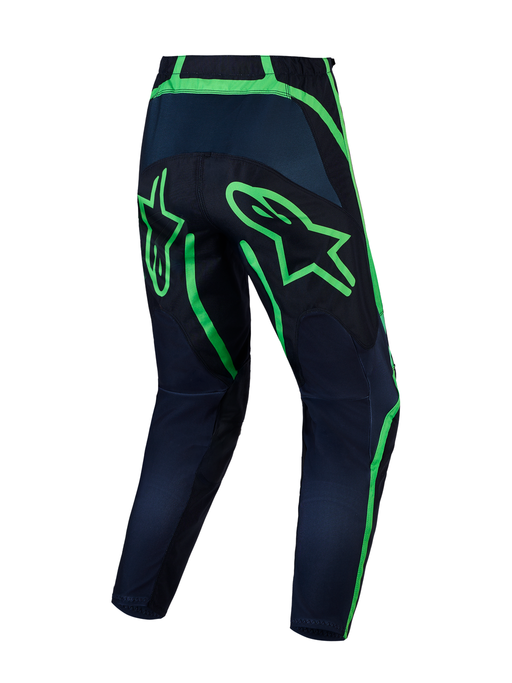 Alpinestars Fluid Apex V2, pantalones de MX negros y verde flúor, piernas precurvadas en polifabric 600D, vista trasera
