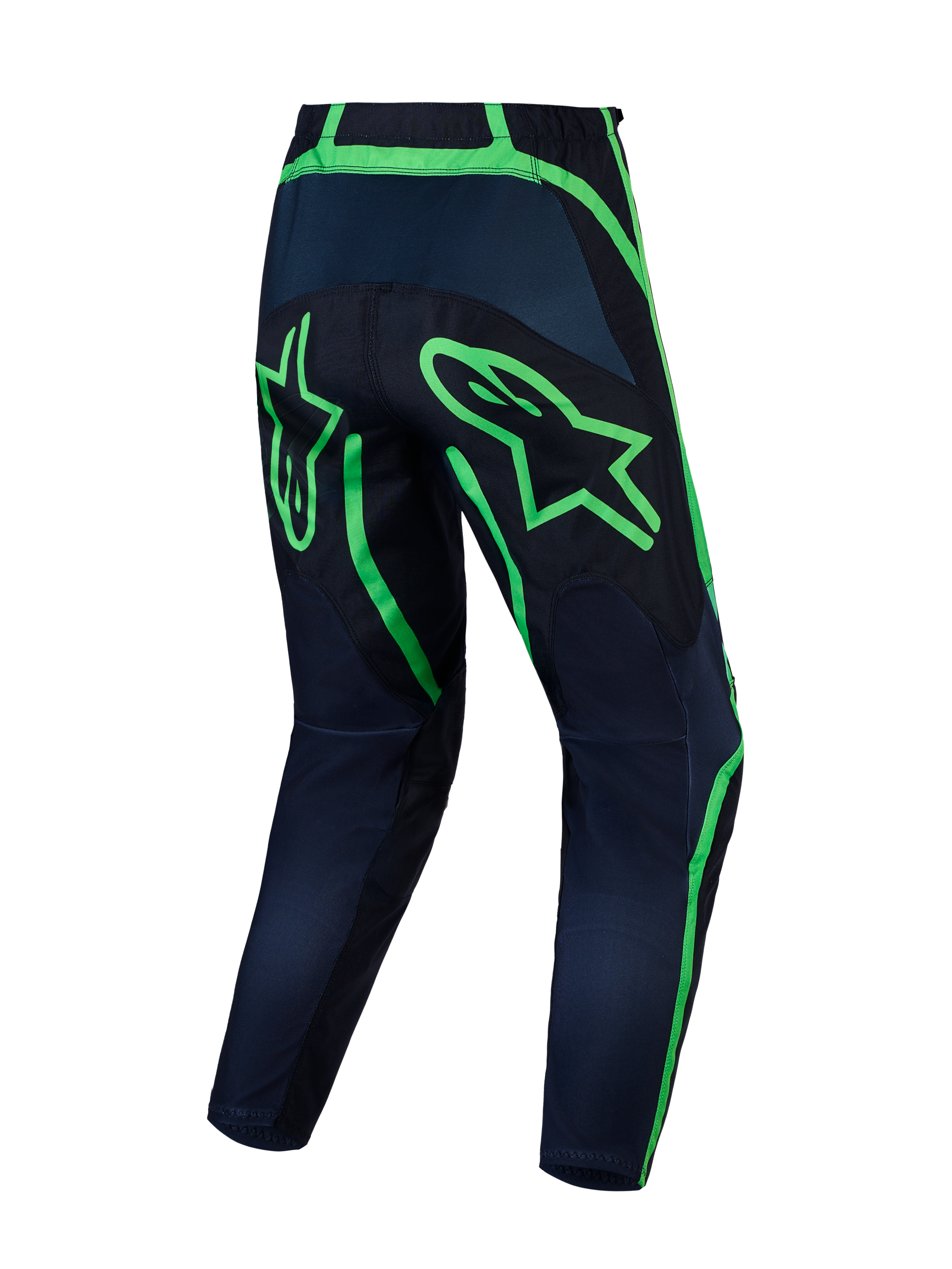 Alpinestars Fluid Apex V2, pantalones de MX negros y verde flúor, piernas precurvadas en polifabric 600D, vista trasera