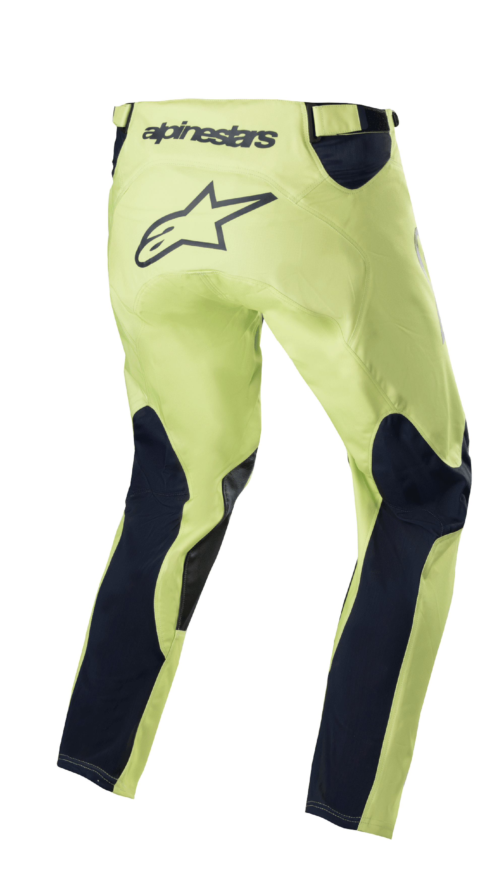 Pantalones Alpinestars Racer Hoen 2023, pantalones de motocross, verde fluorita y azul noche, vista trasera con chasis verde neón y paneles azul marino en las piernas, gran logotipo de estrella negro en la zona del asiento, diseño ergonómico precurvado para carreras off-road